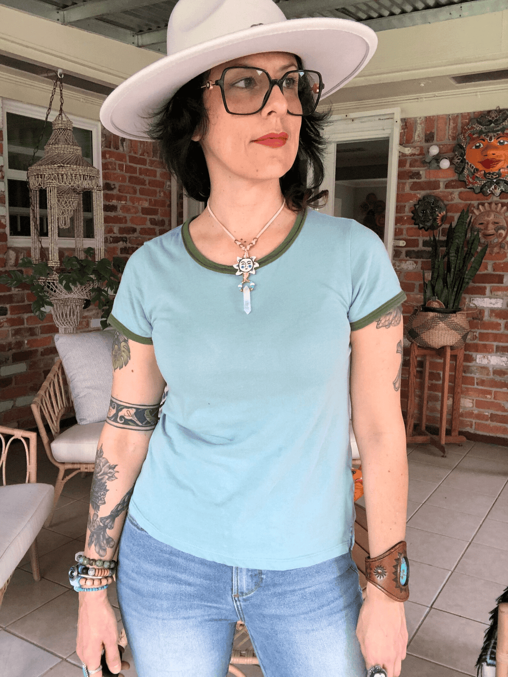 Folk art ceramic Sun and Crystal point necklace on beige vegan suede cord