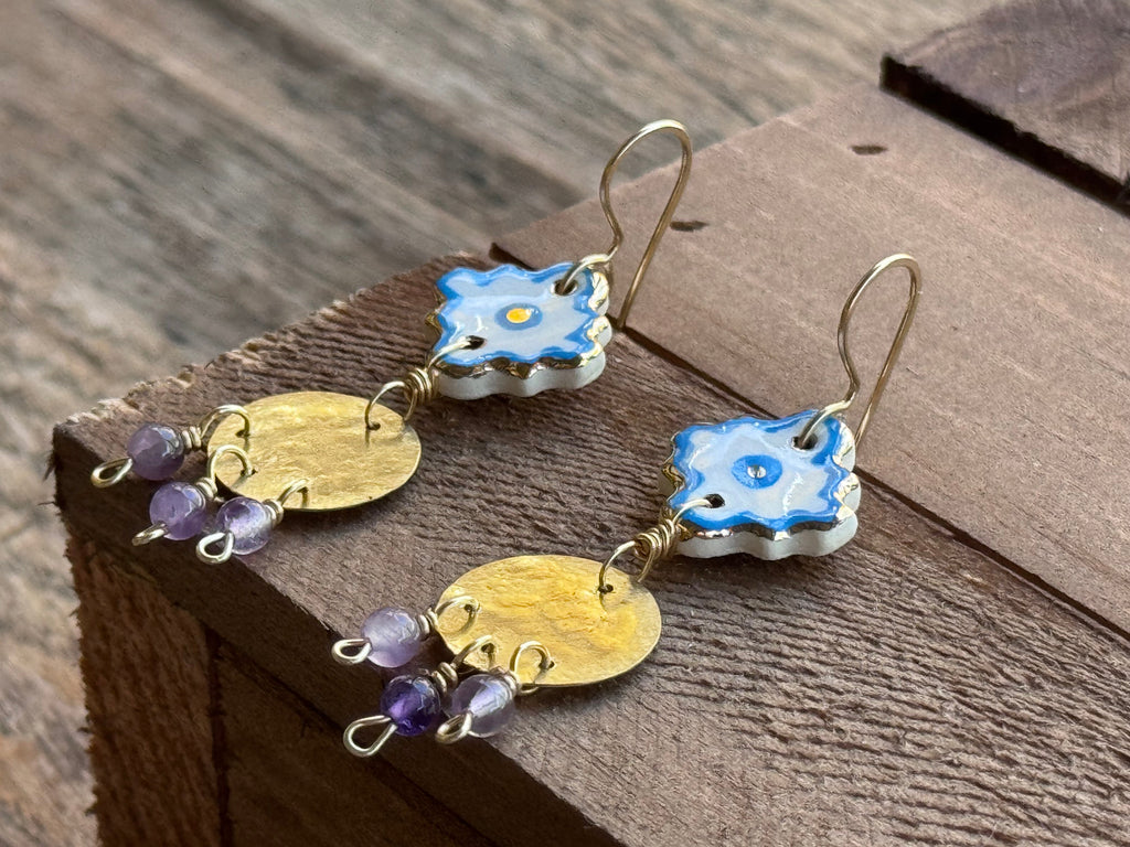 southwestern ceramic bead and amethyst earrings