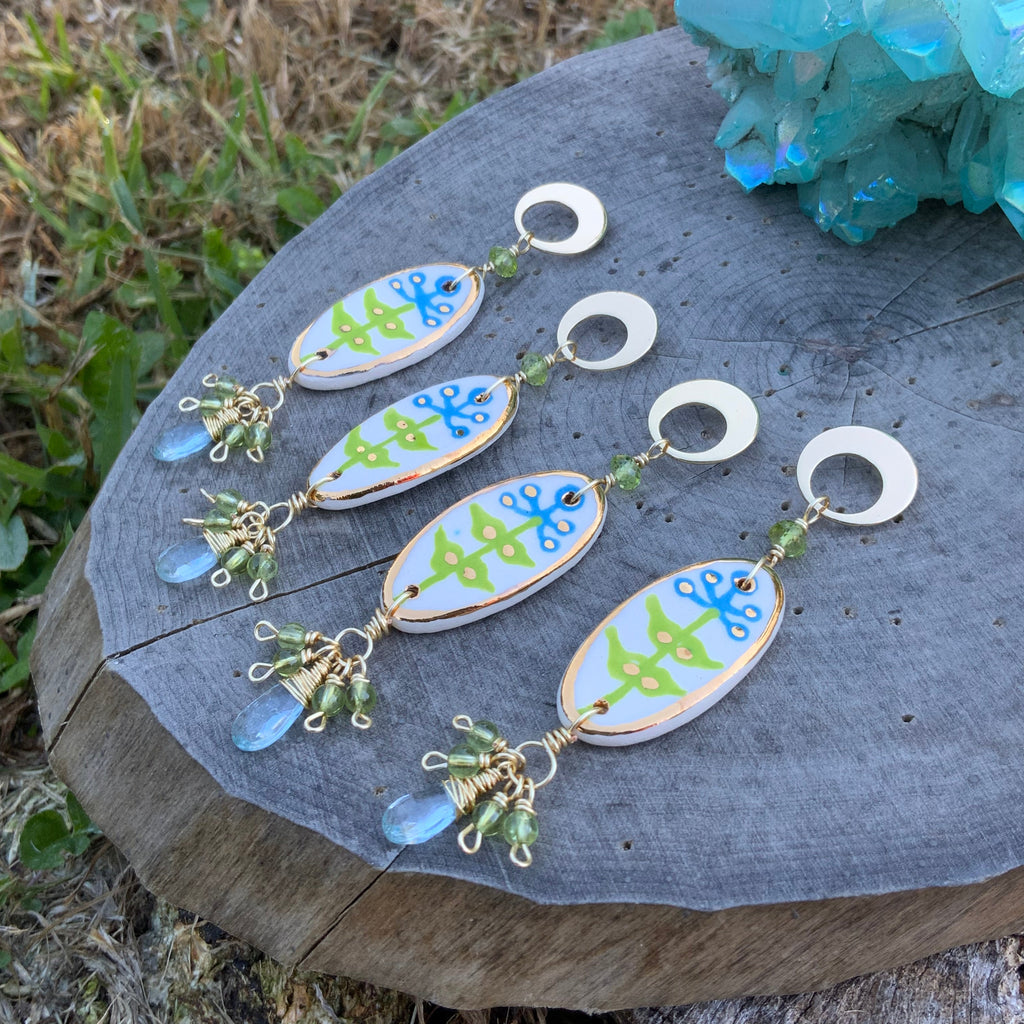 Modern Ceramic Blue Bonnet bead and Gemstone cluster earrings