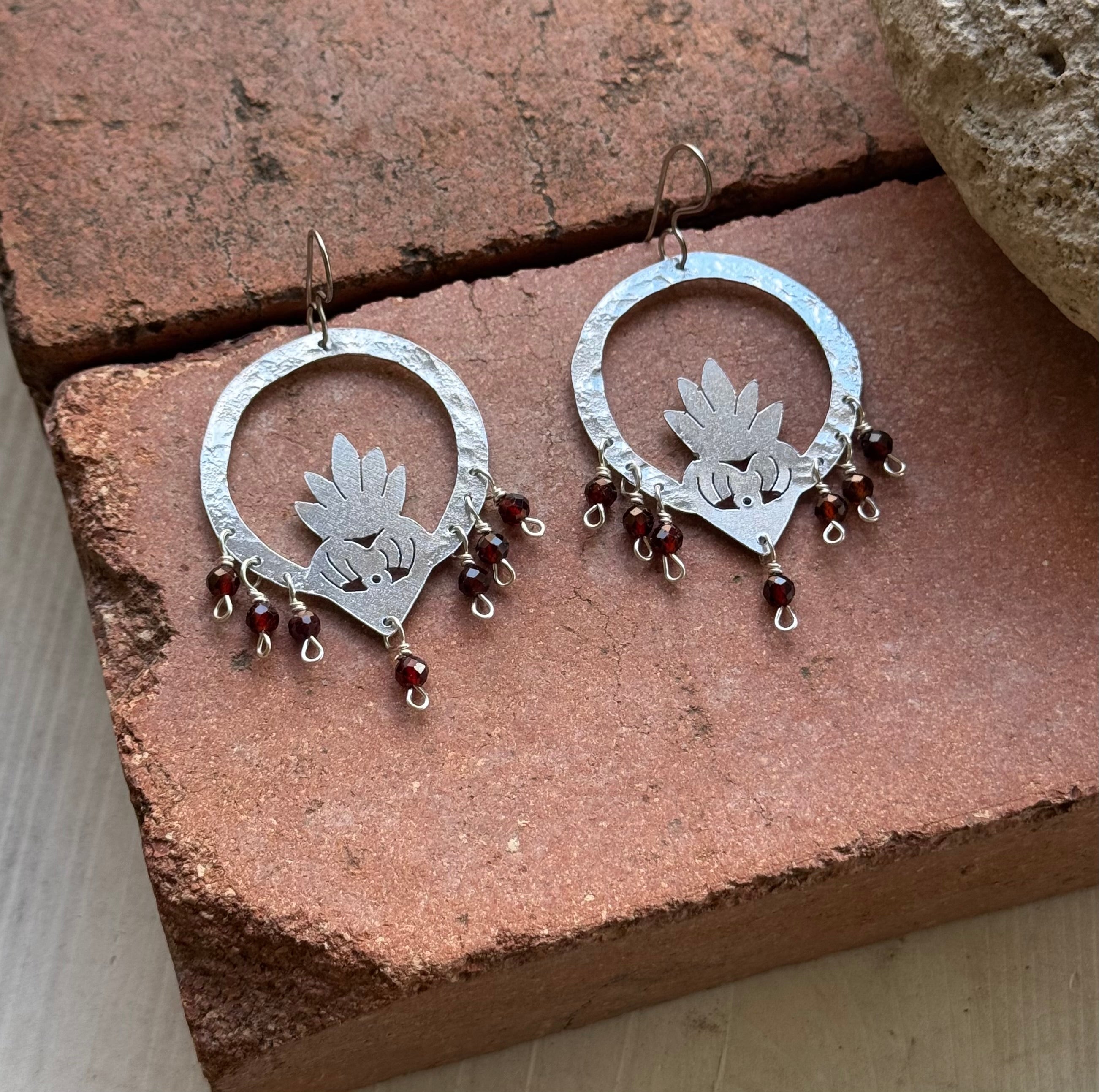 Brass Flaming Heart Garnet Earrings: Mixed Metal Sacred Heart