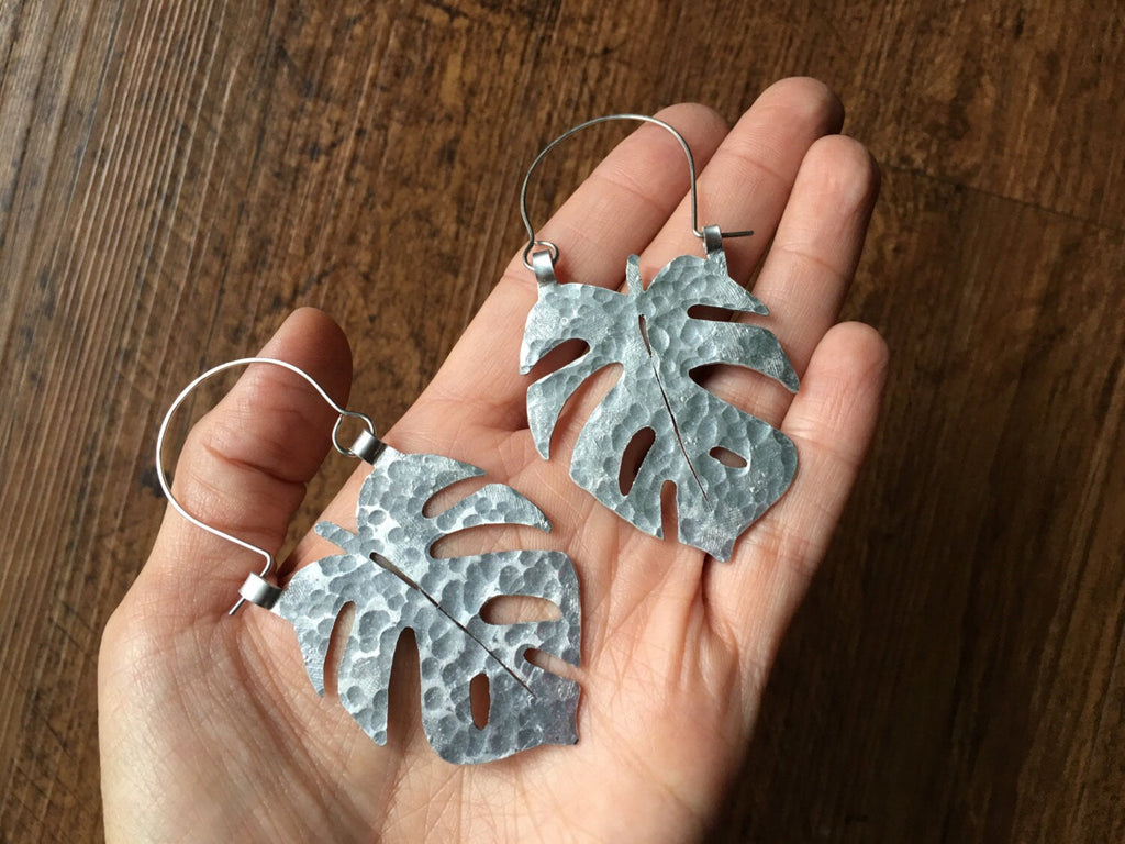 Handmade Monstera Leaf Hoop Earrings: Brass Tropical Jewelry