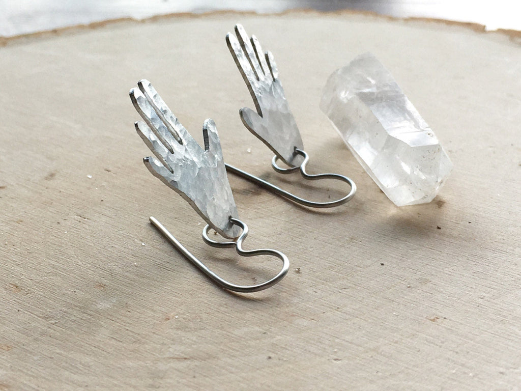 Handmade Metal Hand Earrings: Hammered Aluminum Dangle Jewelry