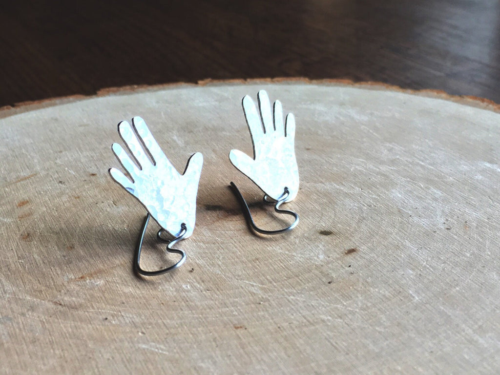 Handmade Metal Hand Earrings: Hammered Aluminum Dangle Jewelry