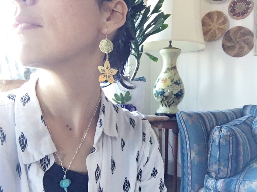 Handmade Metal Flower Earrings: Hammered Brass Dangles