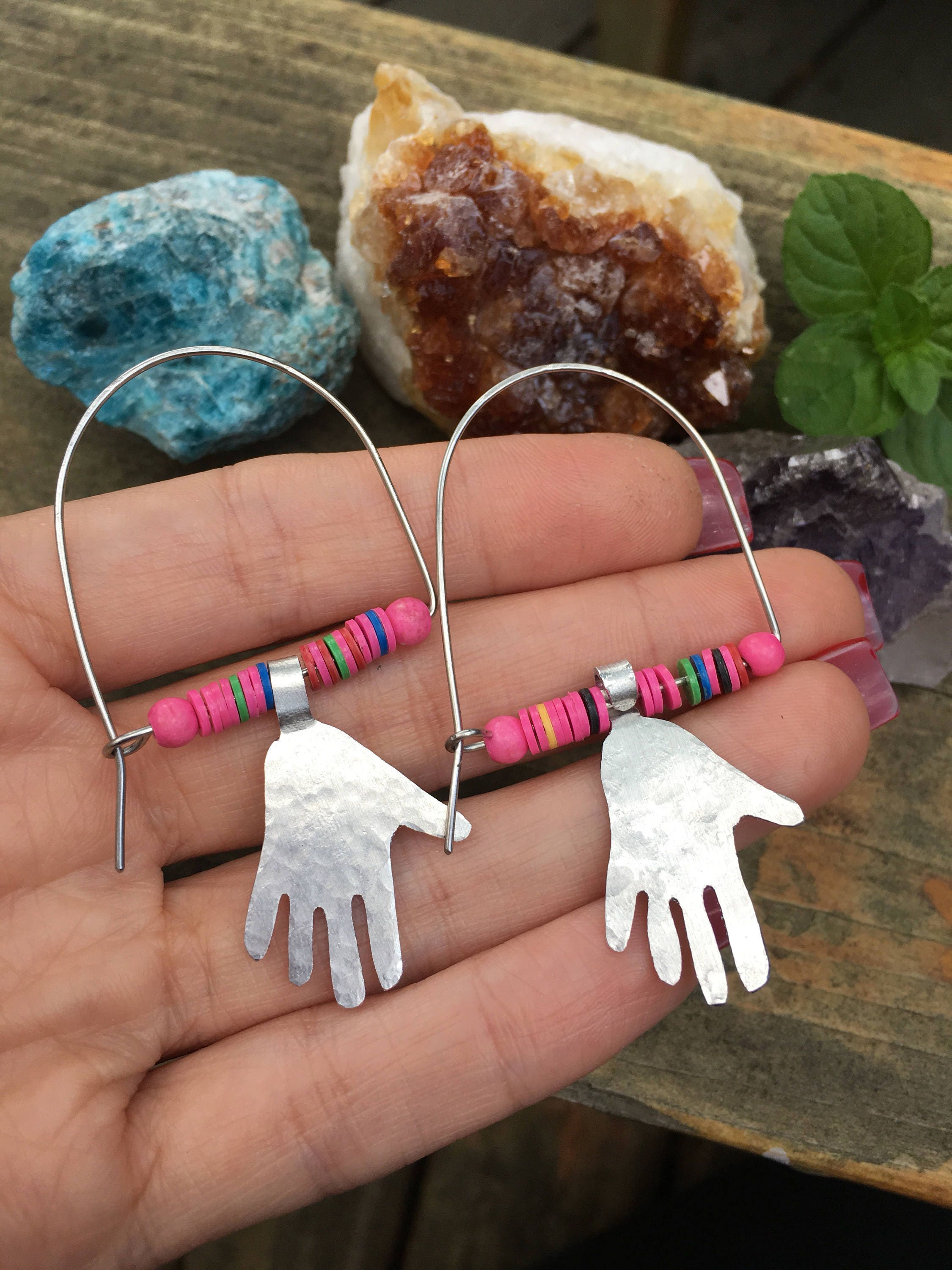Handmade Hoop Earrings, Pink Vinyl Beads, Aluminum Hand Charms