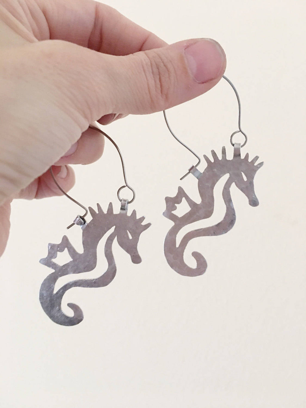 Seahorse earrings, metal seahorse hoop earrings, hammered aluminum  hoop earrings