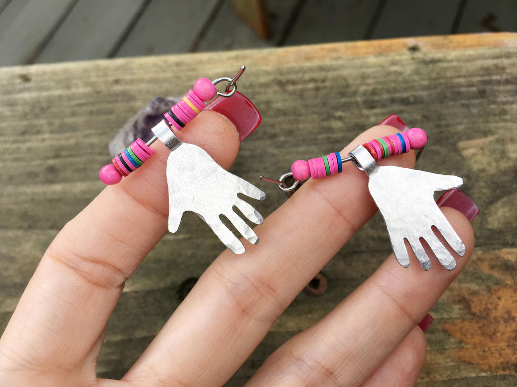 Handmade Hoop Earrings, Pink Vinyl Beads, Aluminum Hand Charms