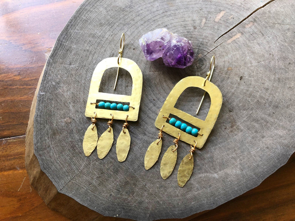 Handmade Genuine Turquoise  & Brass Fringe Earrings