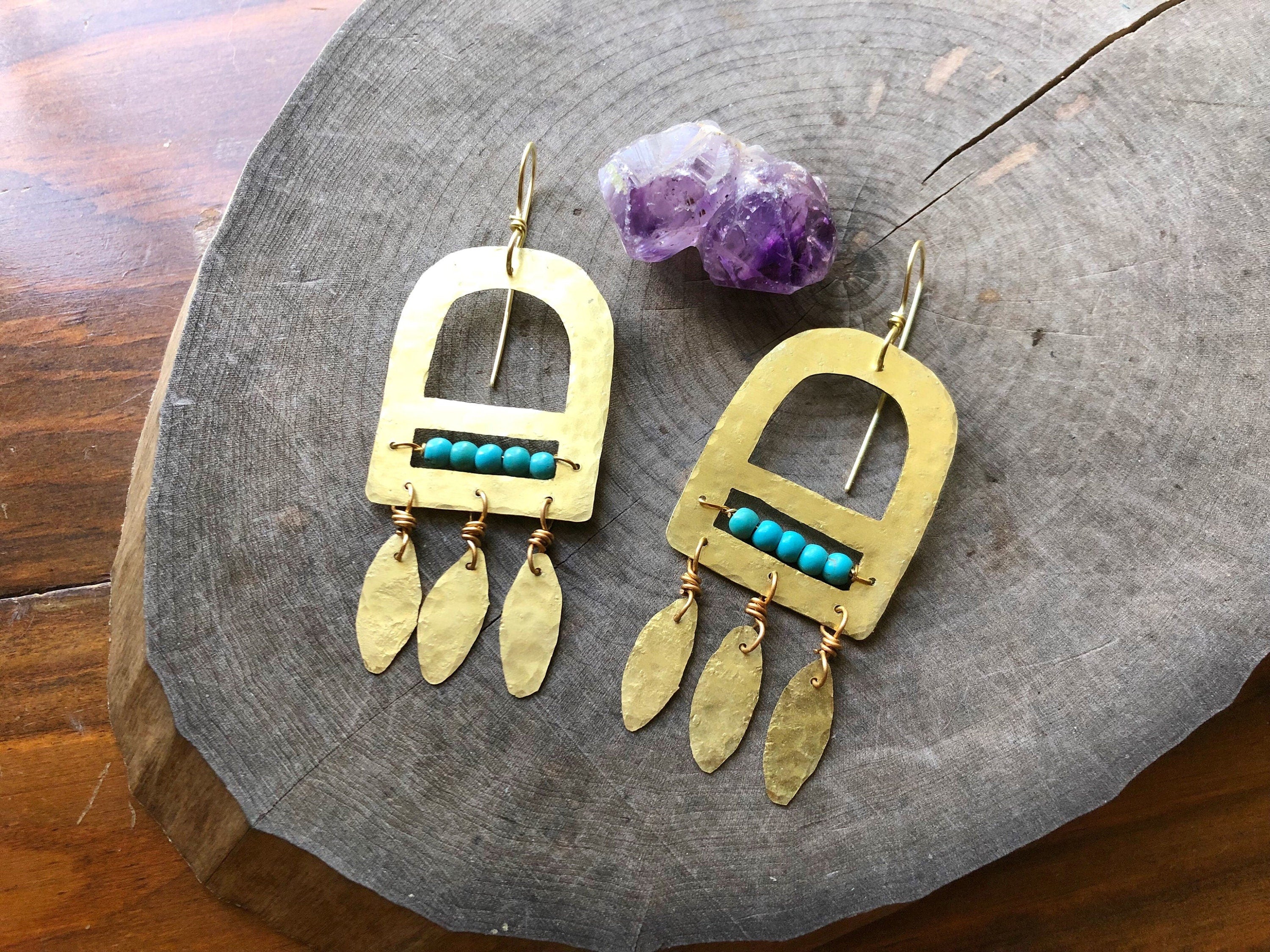 Handmade Genuine Turquoise  & Brass Fringe Earrings