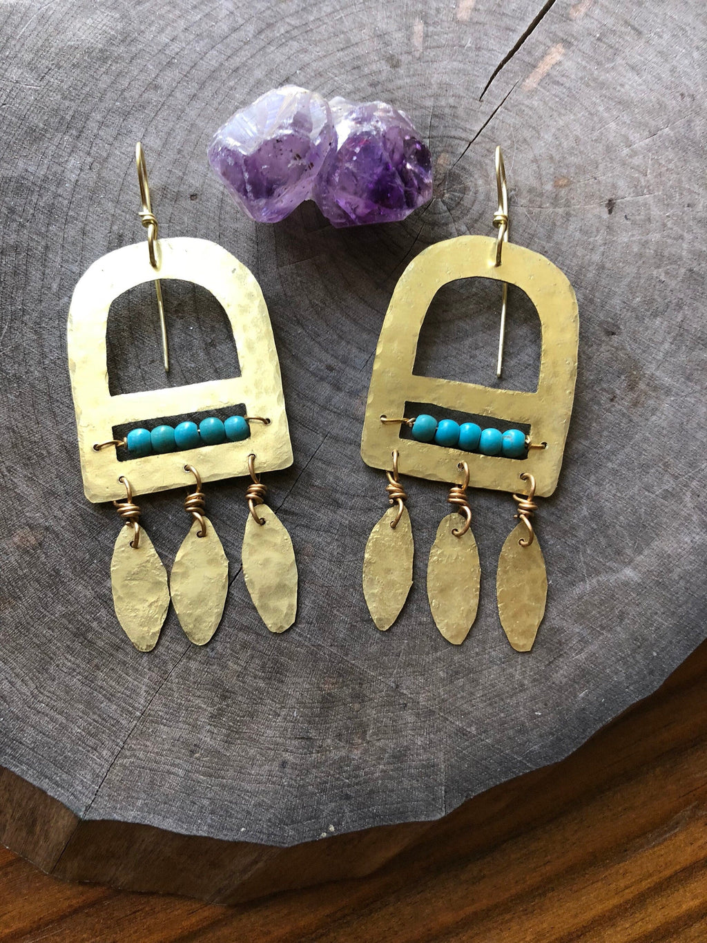 Handmade Genuine Turquoise  & Brass Fringe Earrings