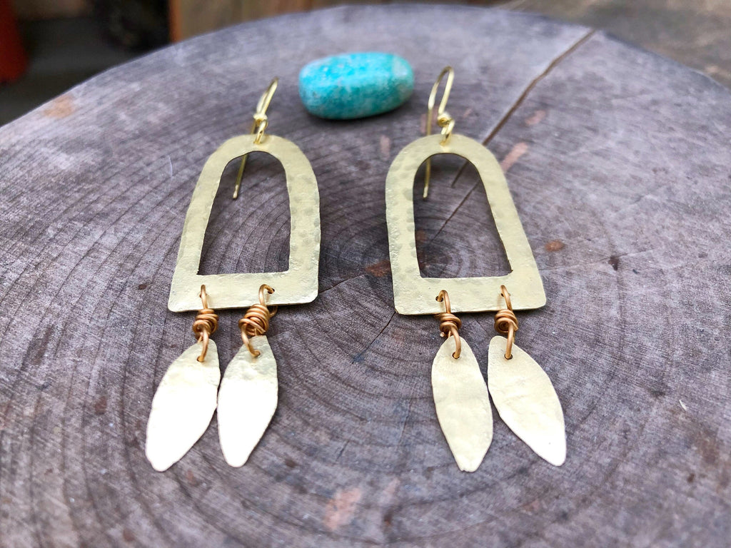 Hammered Brass Fringe Earrings: Wire Wrapped Dangle Jewelry