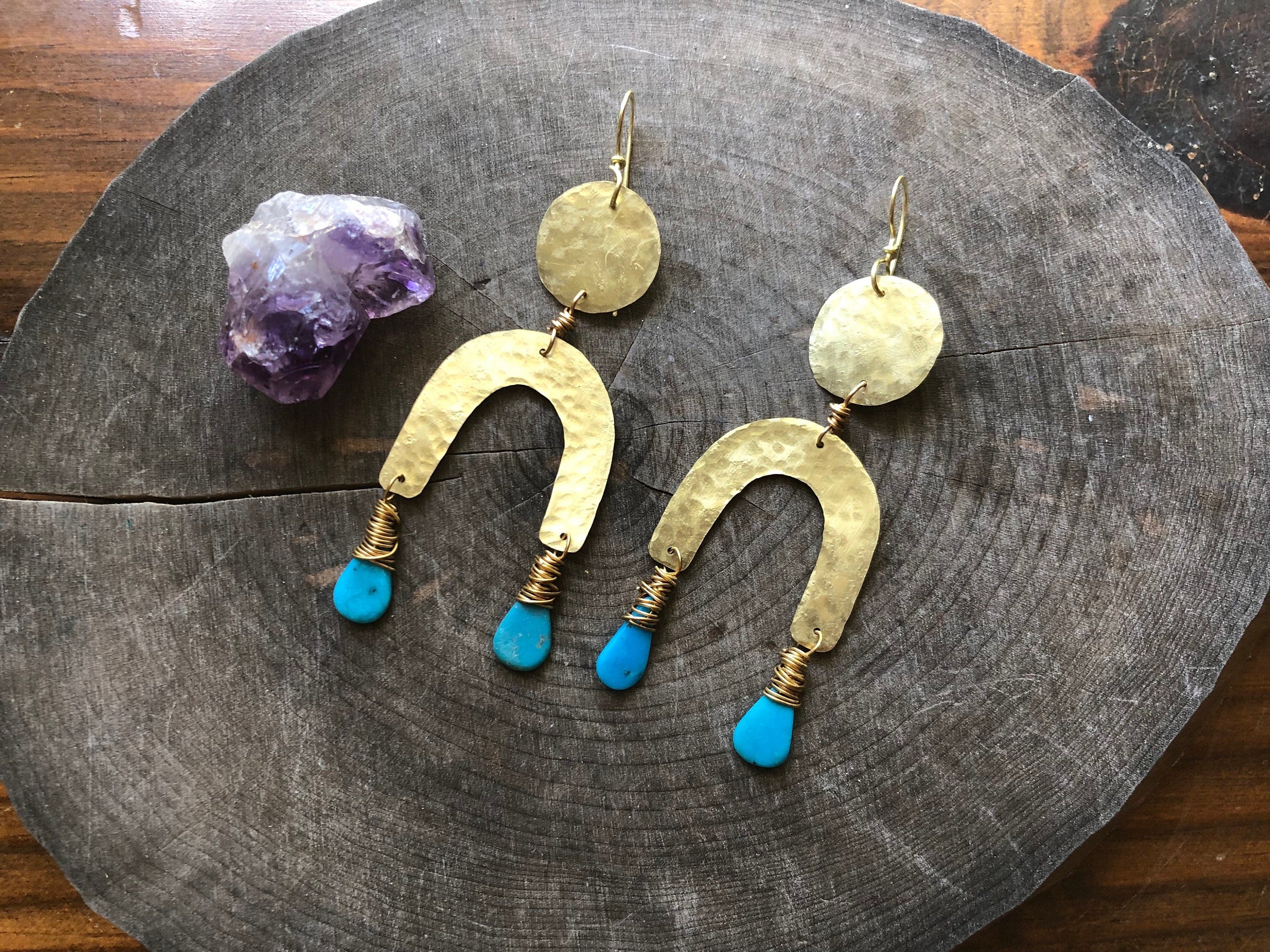 Turquoise & Brass Arc Earrings: Handmade Statement Jewelry