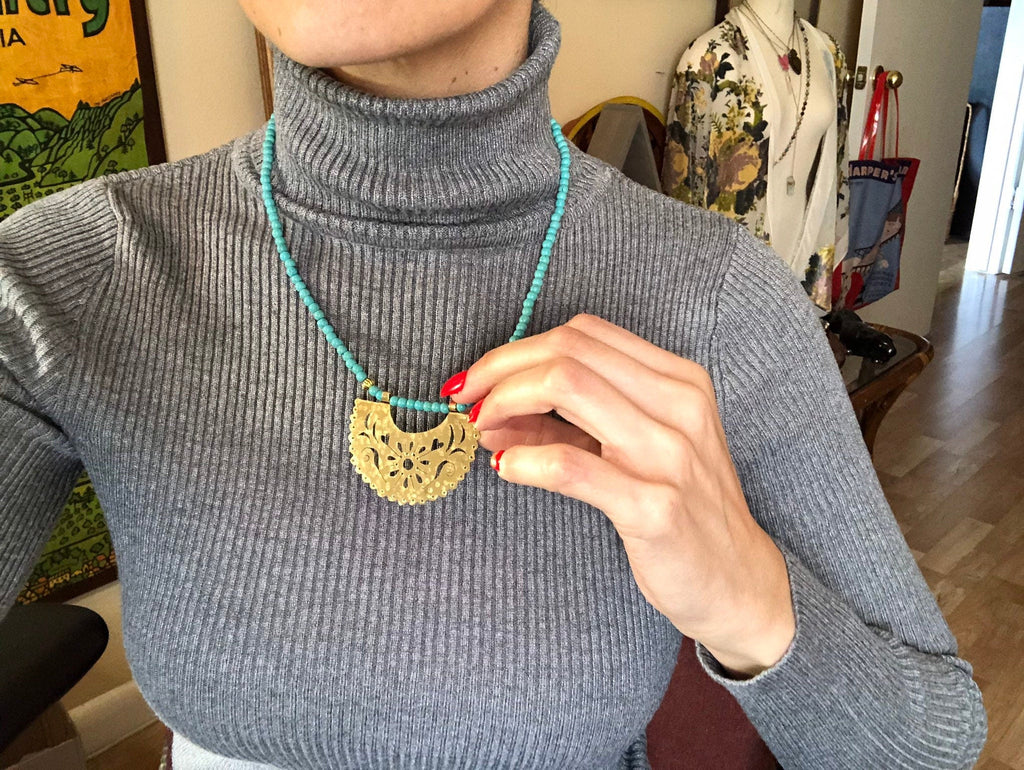 Papel Picado Brass Necklace: Turquoise Beaded, Handmade