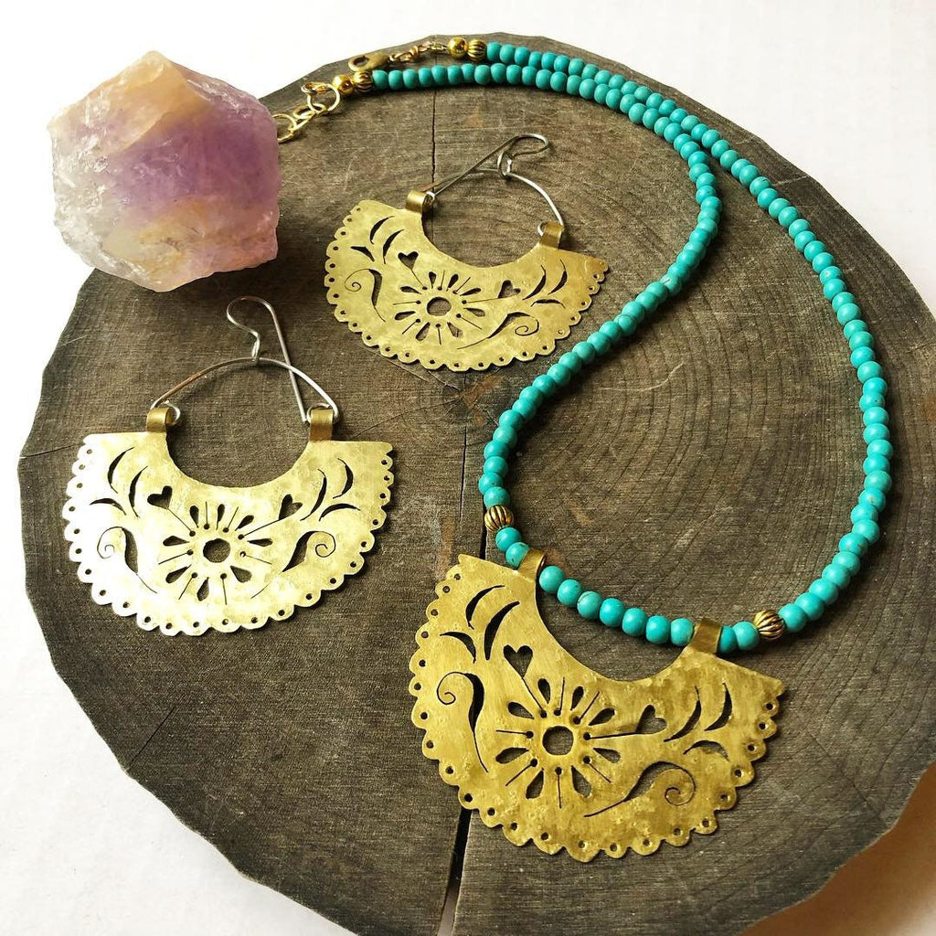 Papel Picado Brass Necklace: Turquoise Beaded, Handmade