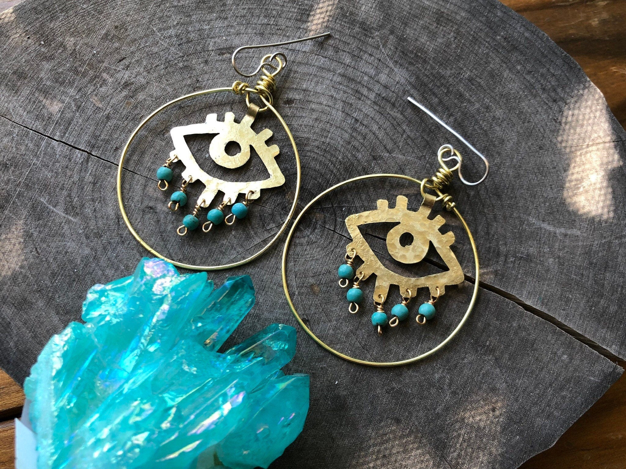 Handmade Brass Eye Earrings: Magnesite Bead Dangle Earrings