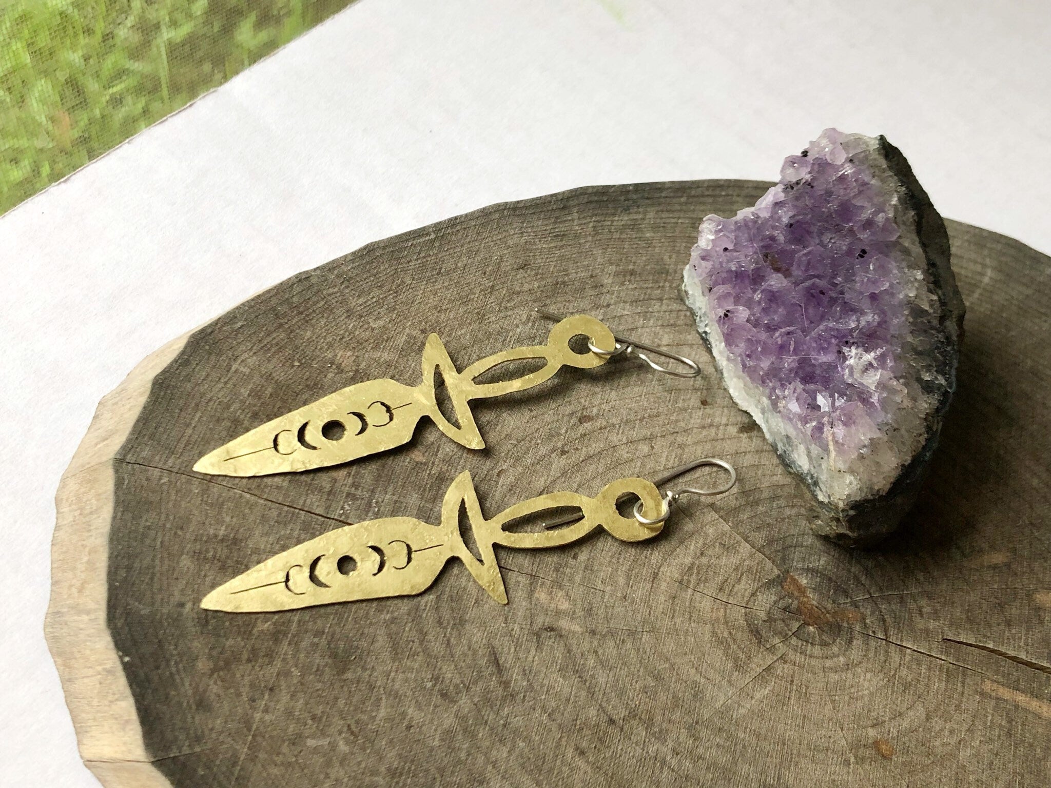 Dagger earrings, hammered metal jewelry, moon phase dagger earrings