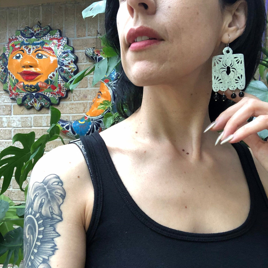 Handmade Metal Papel Picado Spider Earrings with Onyx Beads