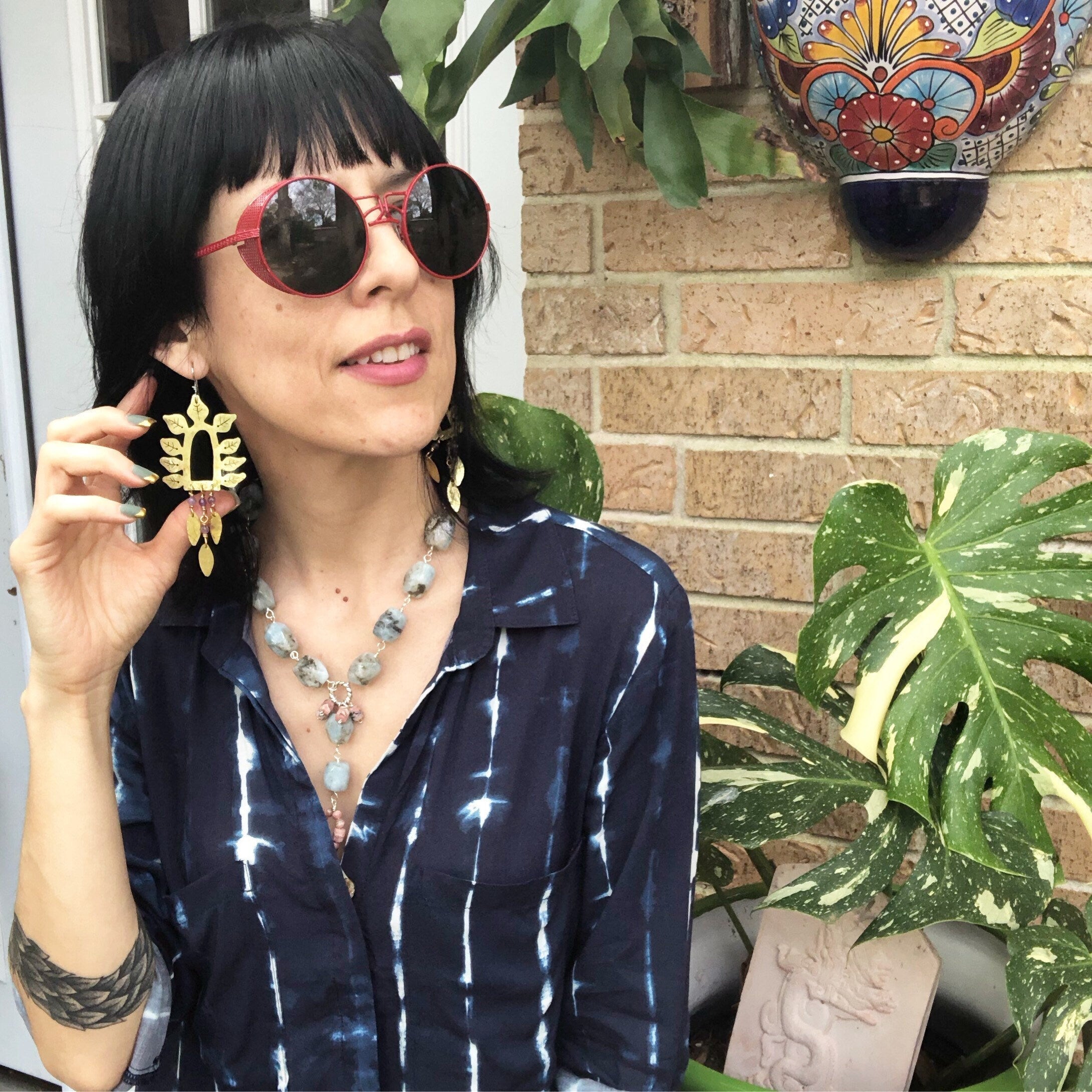 Hammered Brass Leaf Earrings: Turquoise Stone Fringe, Handmade
