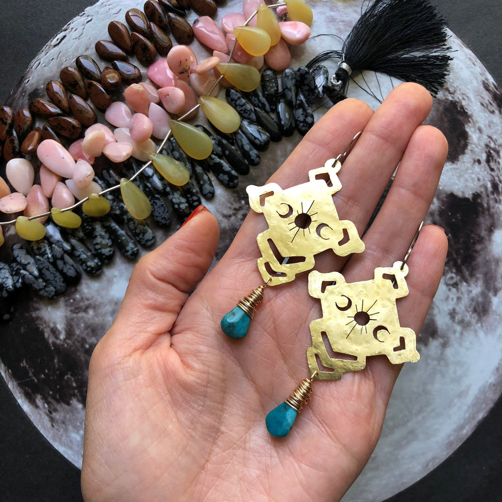 Solar phase earrings , Celestial brass and stone earrings