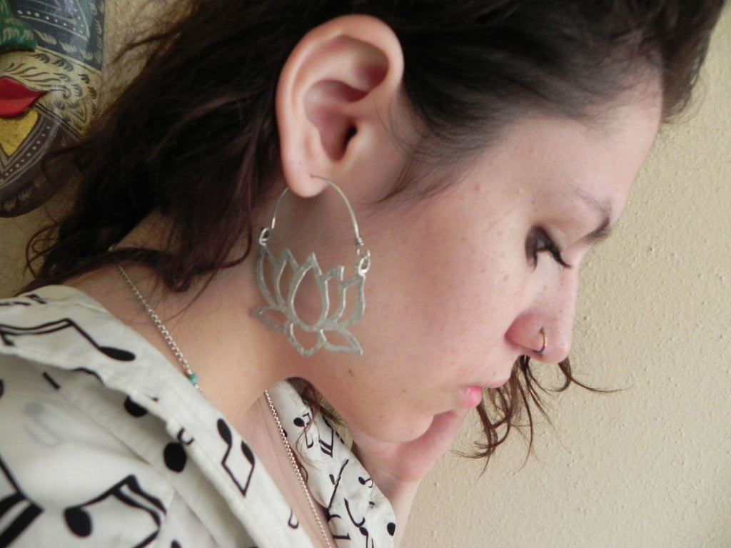 Hammered Metal Lotus Flower Hoop Earrings: Handmade Aluminum Jewelry