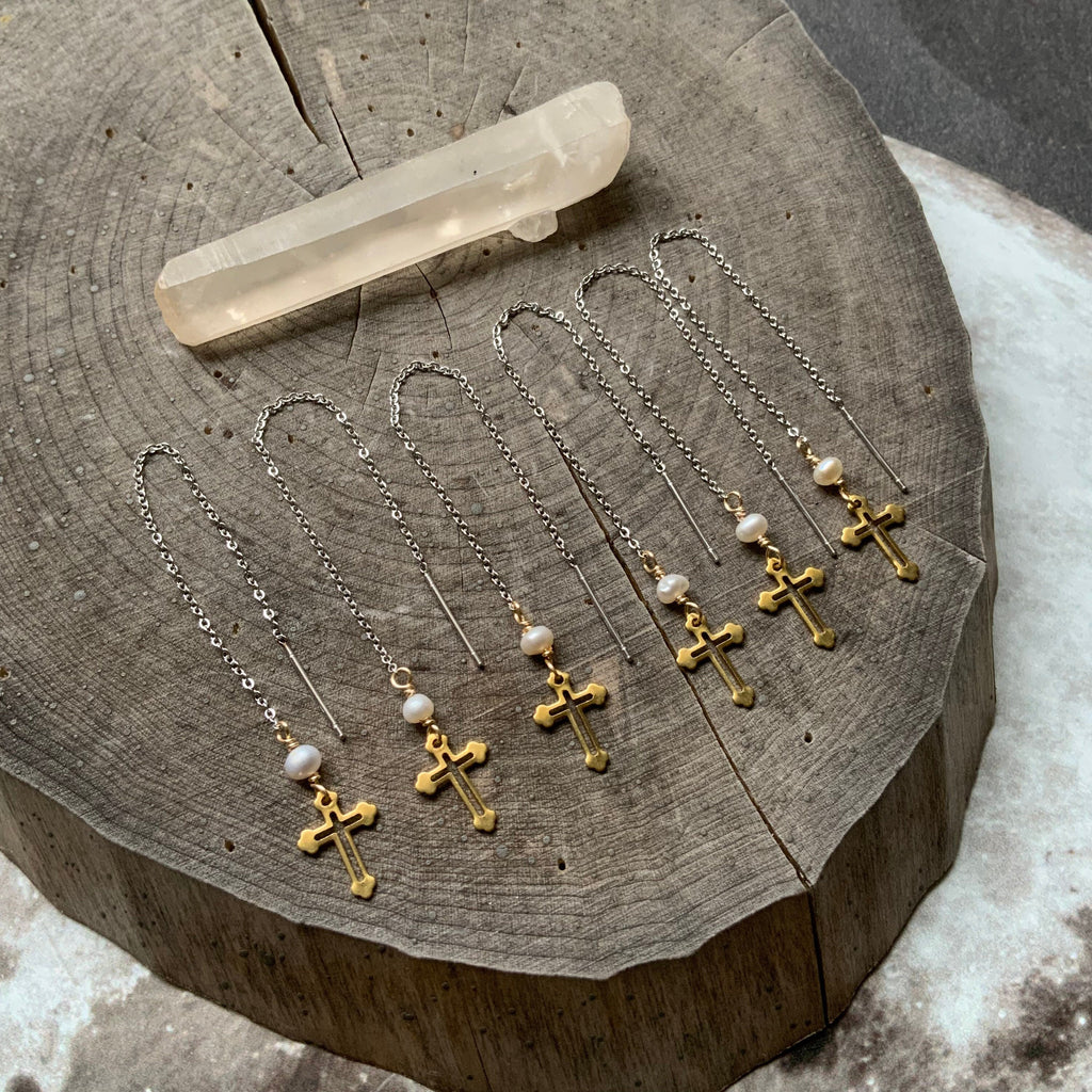 Brass Cross Threader Earrings: Freshwater Pearl, Mixed Metal Dangle