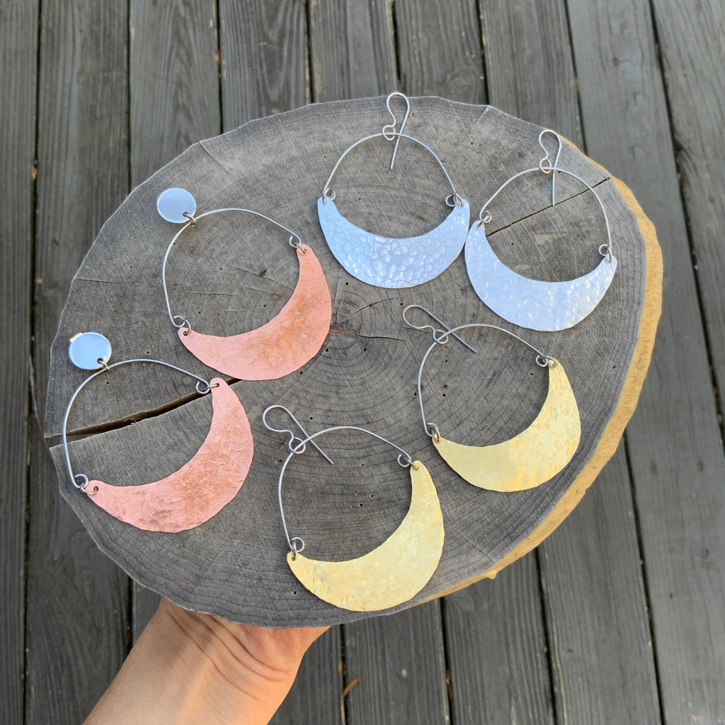 Hammered Copper Crescent Moon Earrings: Handmade Celestial Jewelry