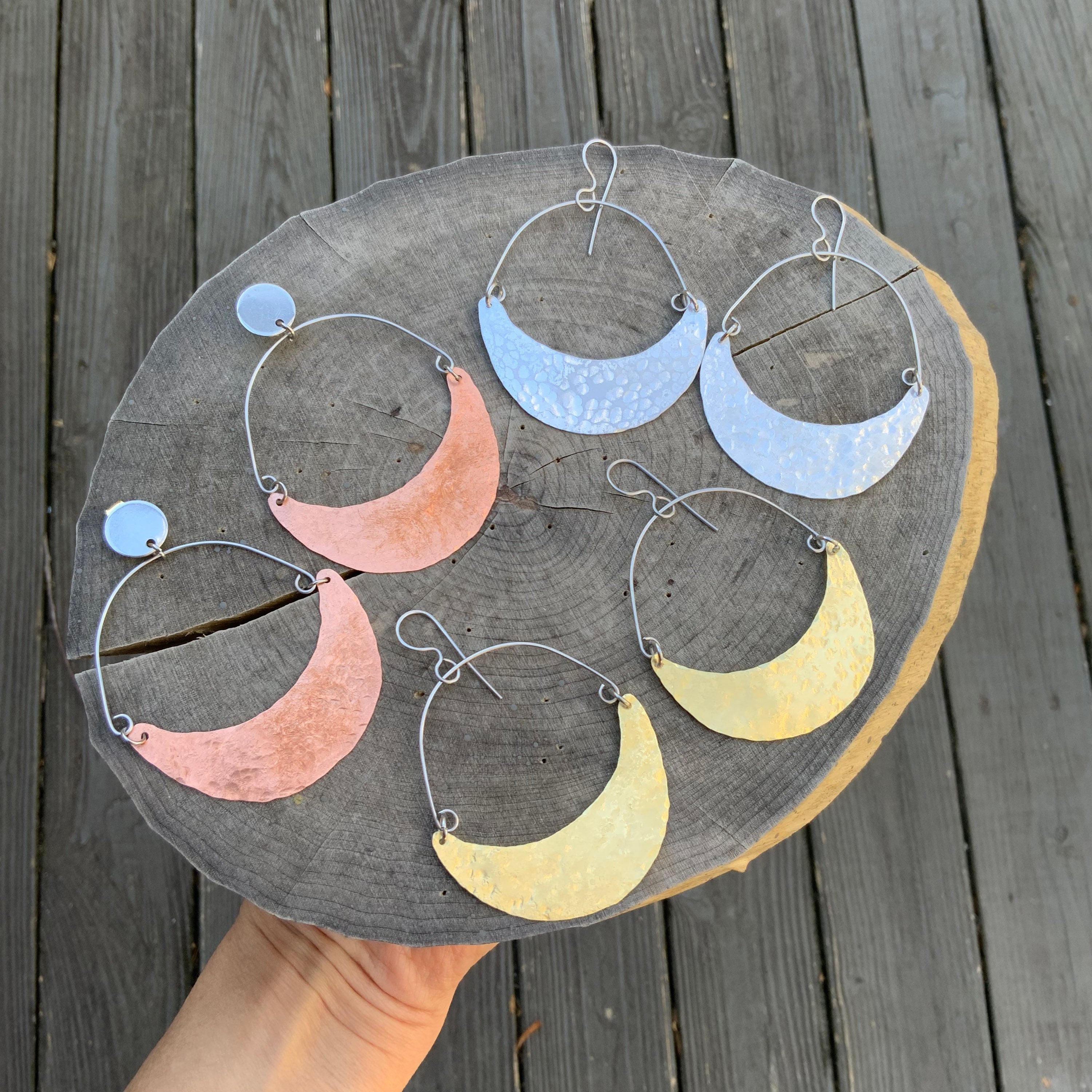 Hammered Copper Crescent Moon Earrings: Handmade Celestial Jewelry