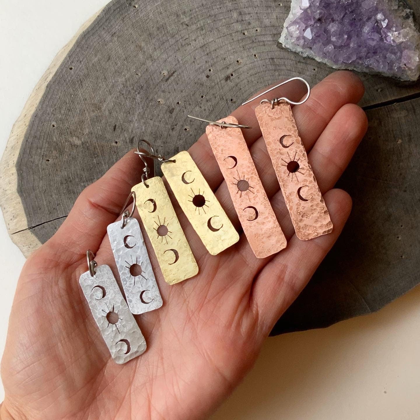 Solar Phase hammered bar earrings, celestial brass bar dangles