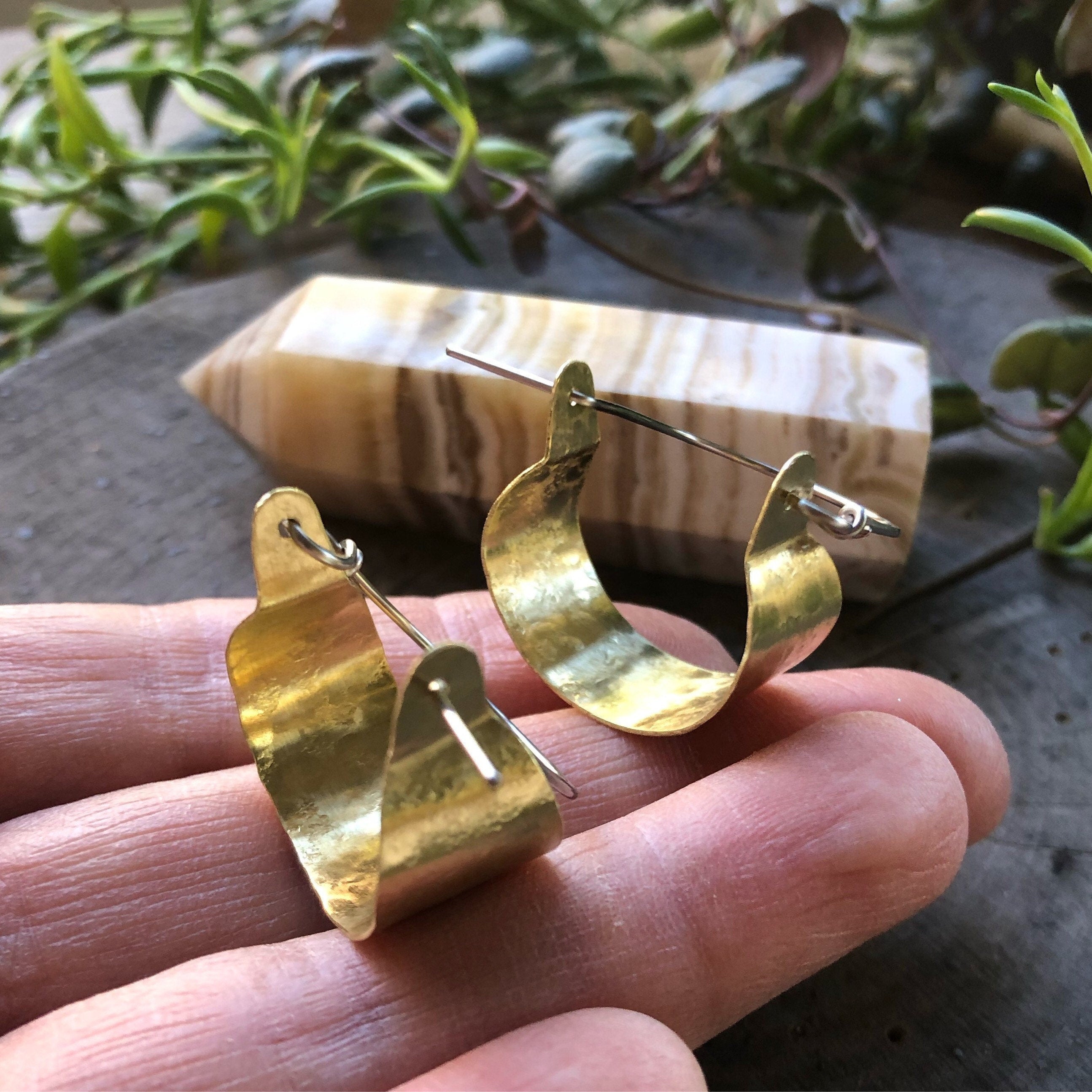 Rustic Metal Scoop Hoop Earrings: Handmade Hammered Brass