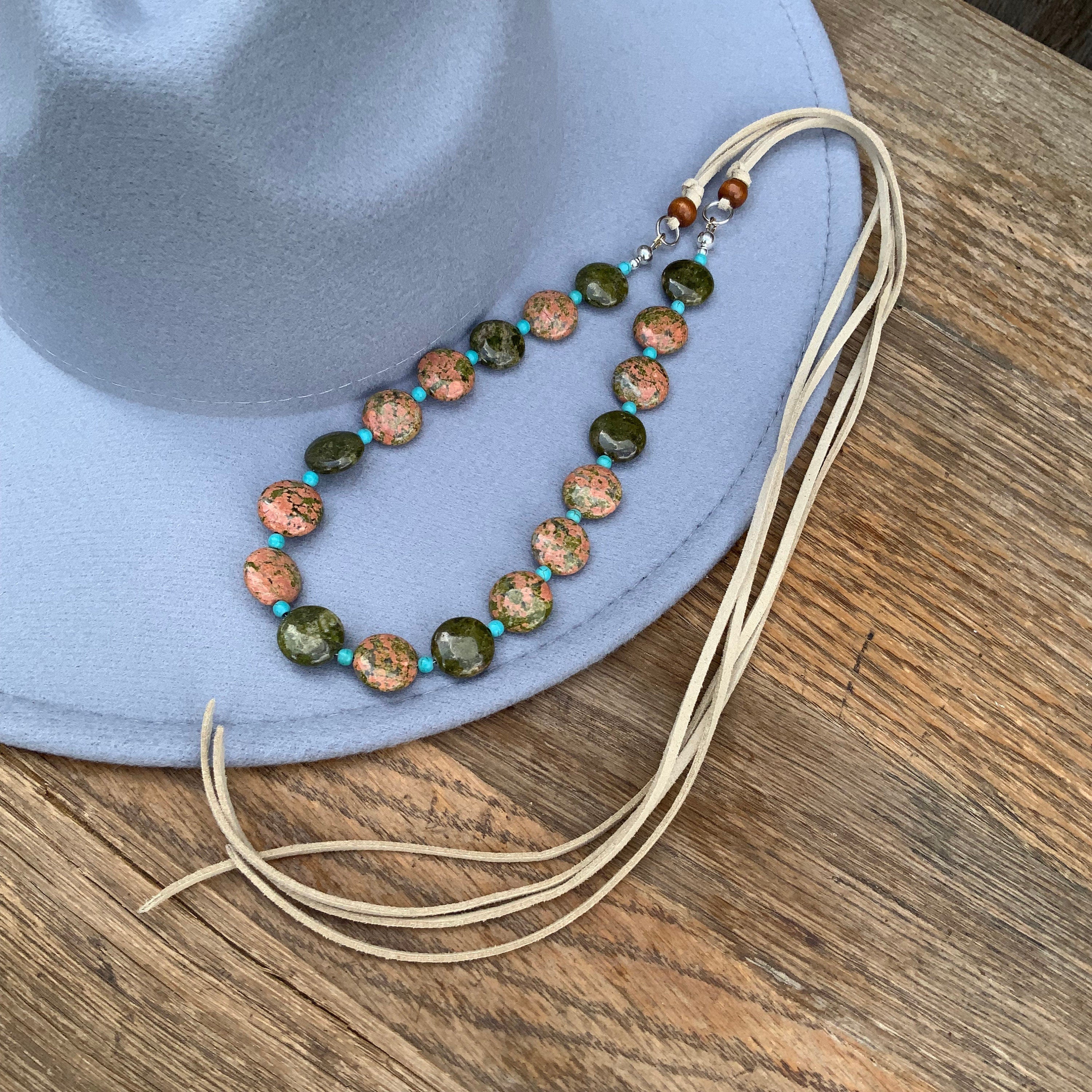 Unakite Hatband, green and pink Gemstone Hat Band