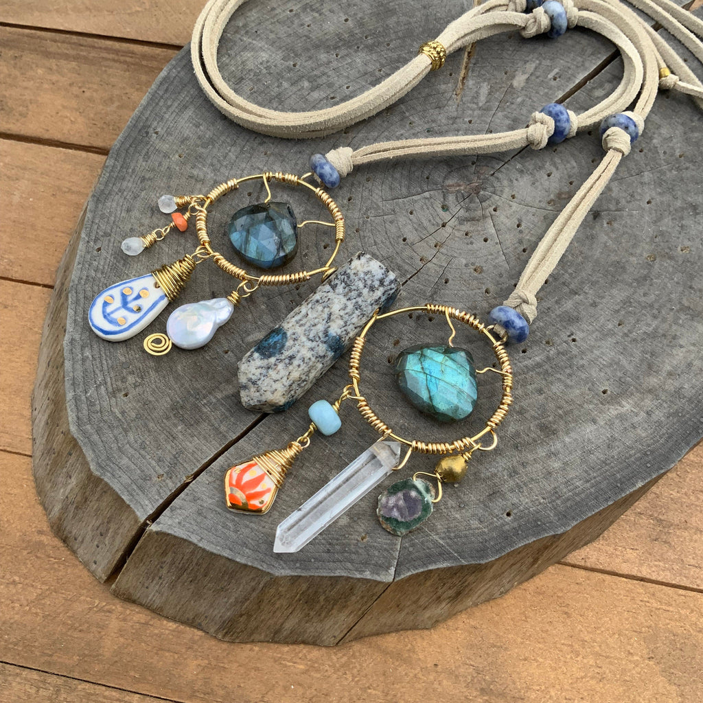 Handmade Ceramic Bead Necklace: Labradorite, Ruby, Opal, Vegan Suede