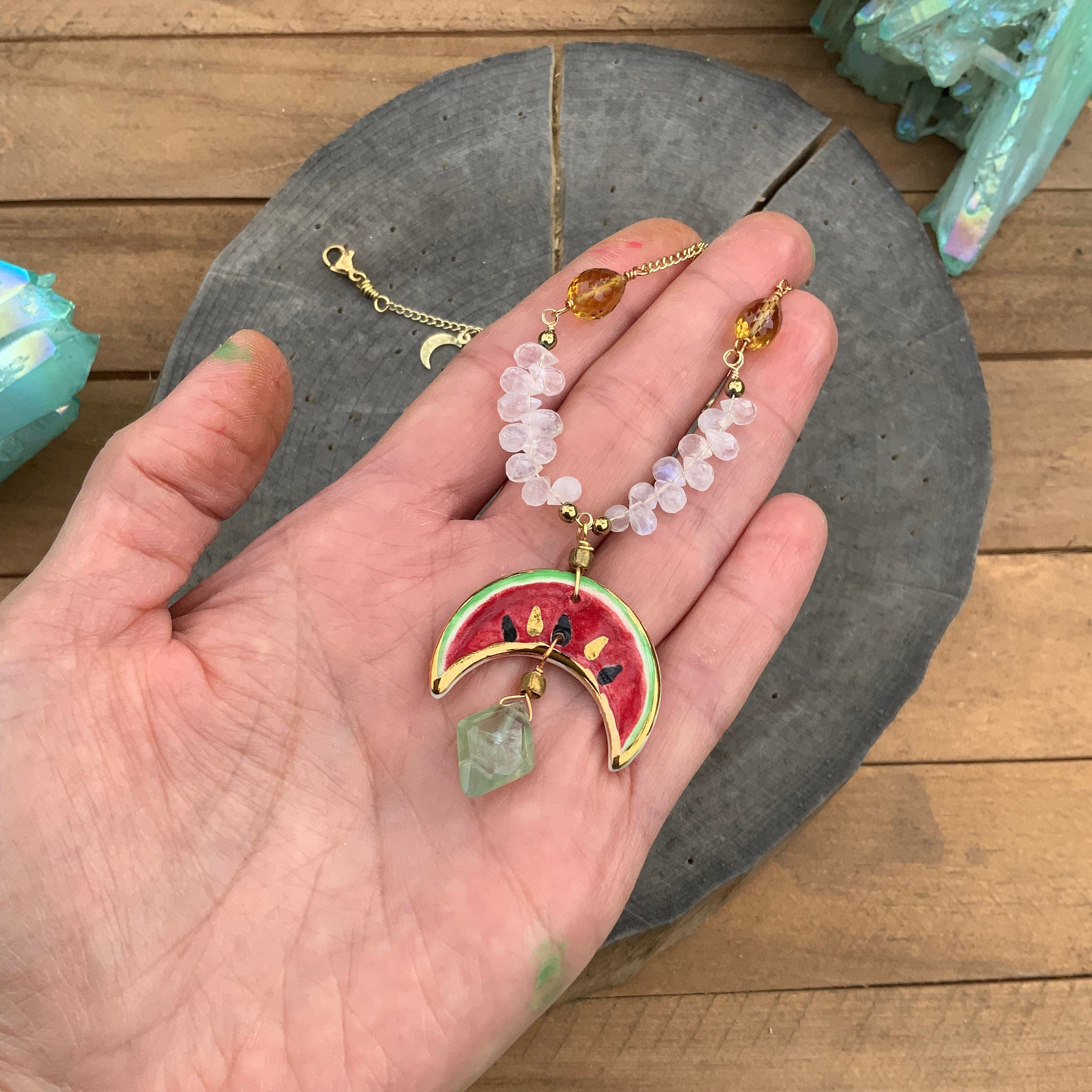 Handmade Ceramic Watermelon Necklace: Moonstone, Citrine & Prehnite