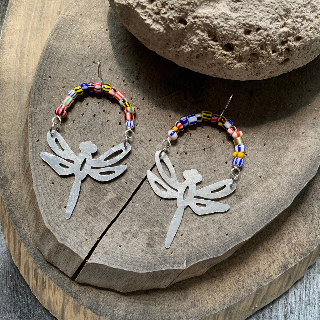 Handmade Aluminum Dragonfly Earrings with African Rainbow Glass Beads
