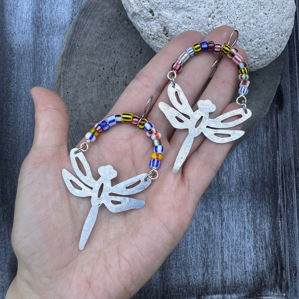 Handmade Aluminum Dragonfly Earrings with African Rainbow Glass Beads