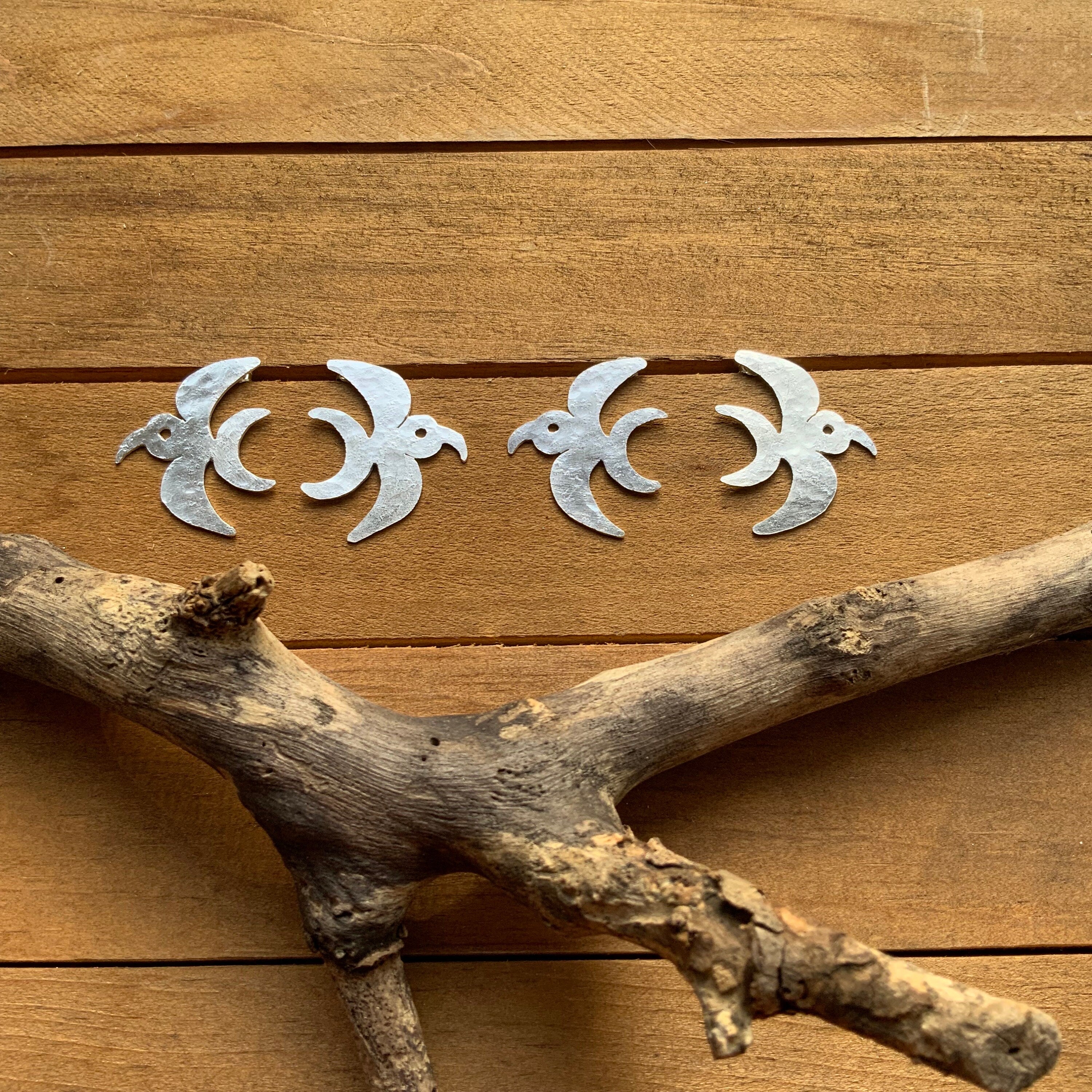Handmade Sterling Silver Bird Post Earrings: Folk bird earring Design