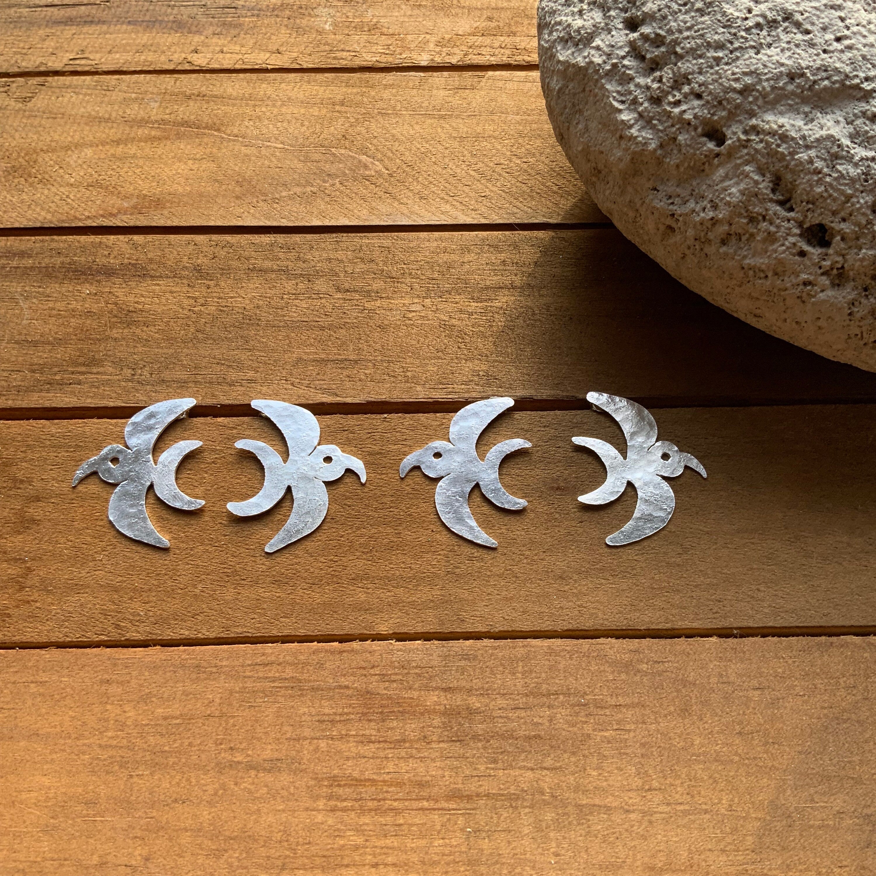 Handmade Sterling Silver Bird Post Earrings: Folk bird earring Design