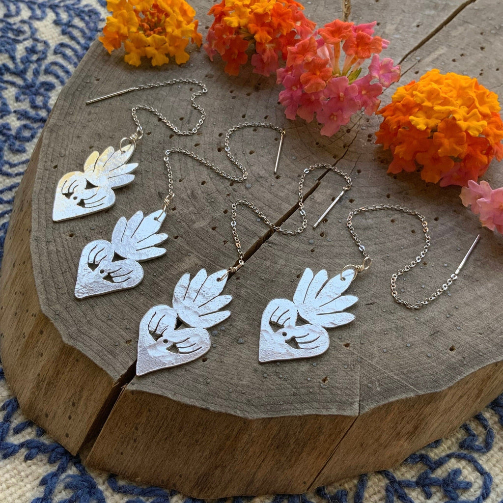 Milagro Sacred Heart Threader Earrings: Handmade Aluminum Dangle