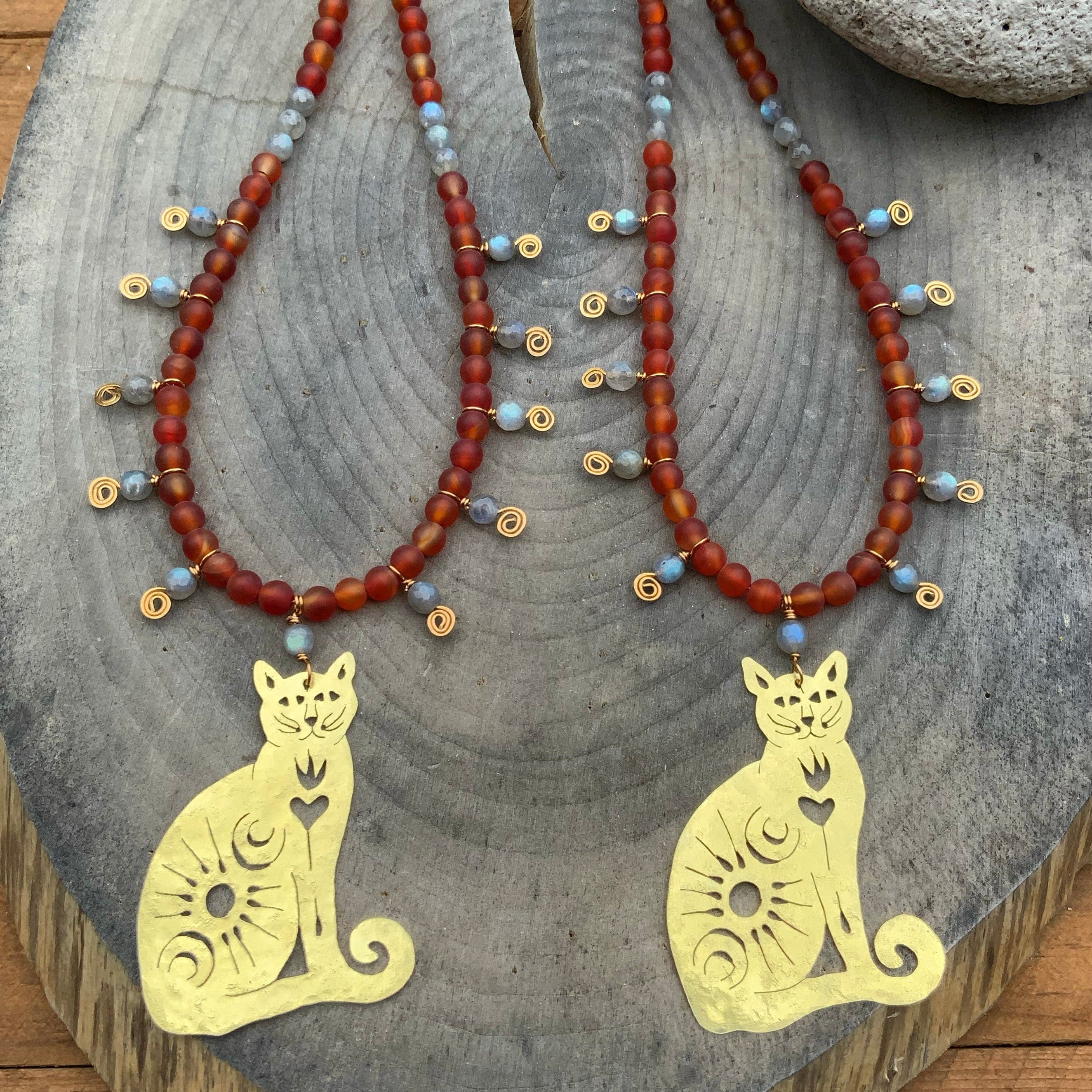 Handmade Brass Cat Necklace: Carnelian & Labradorite Beaded Jewelry