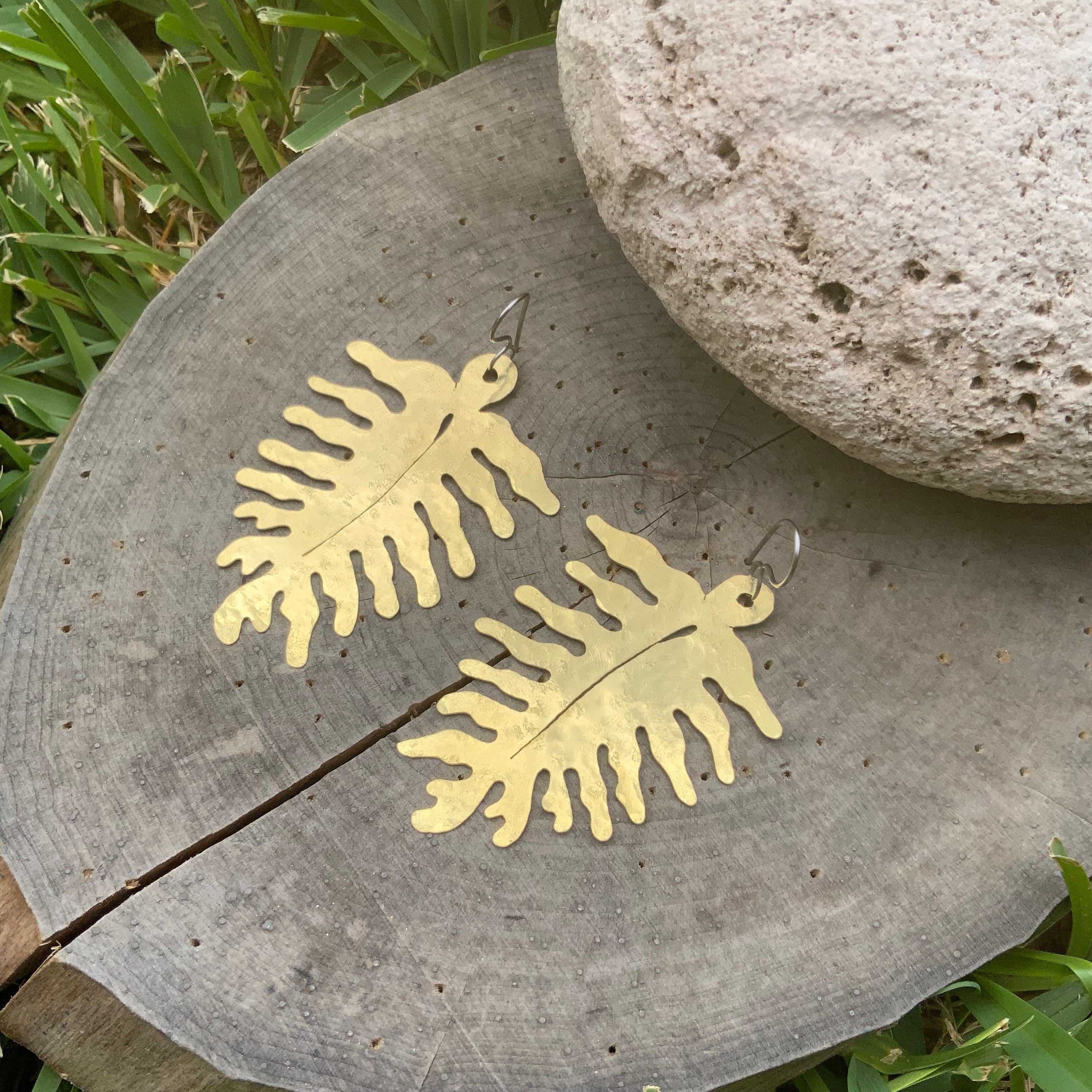 Large Brass Fern Earrings: Woodland Dangle Earrings