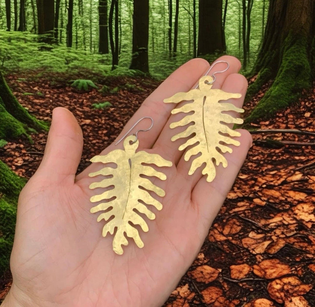 Large Brass Fern Earrings: Woodland Dangle Earrings