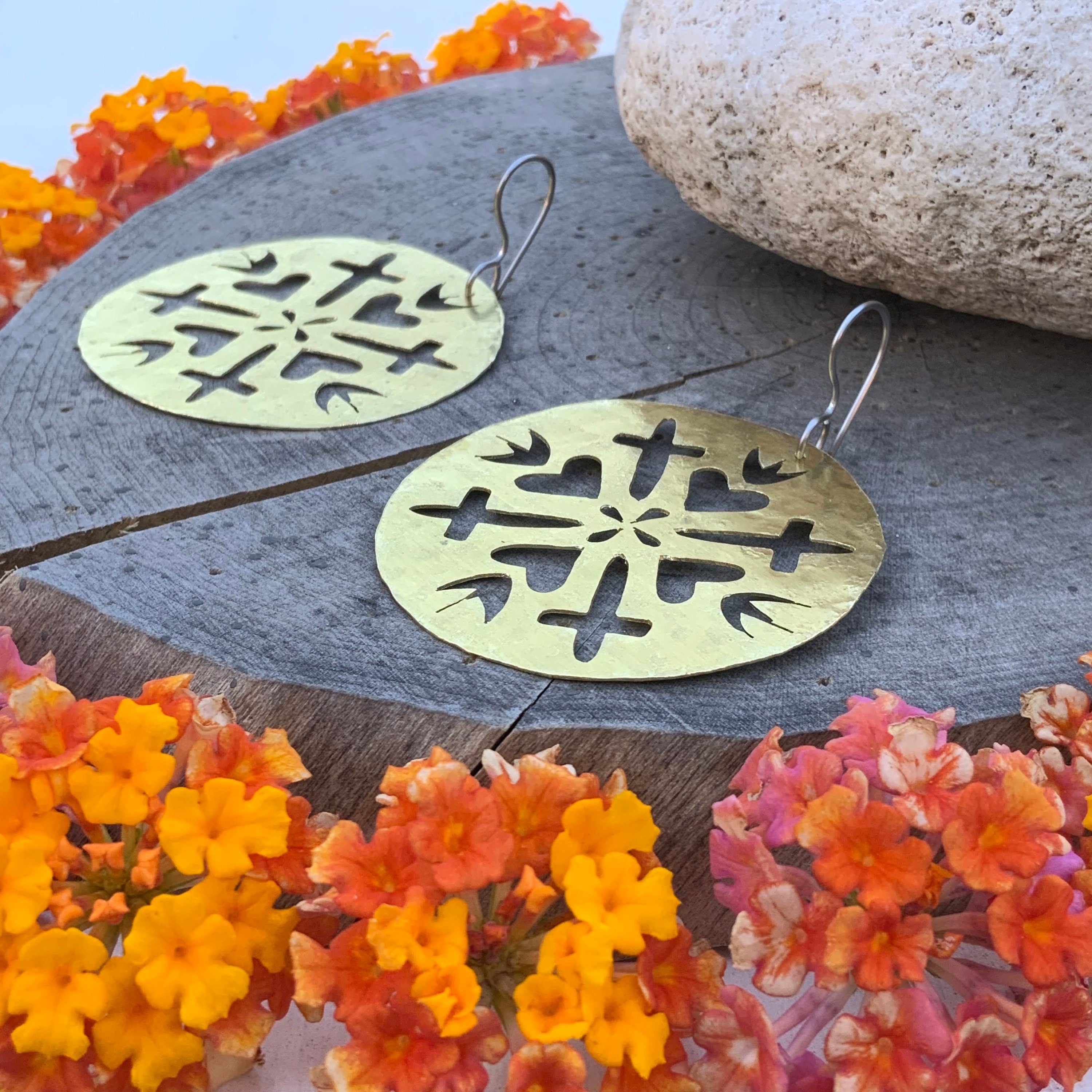 Hammered Brass Sacred Heart and cross Earrings: Handmade Cutout Jewelry