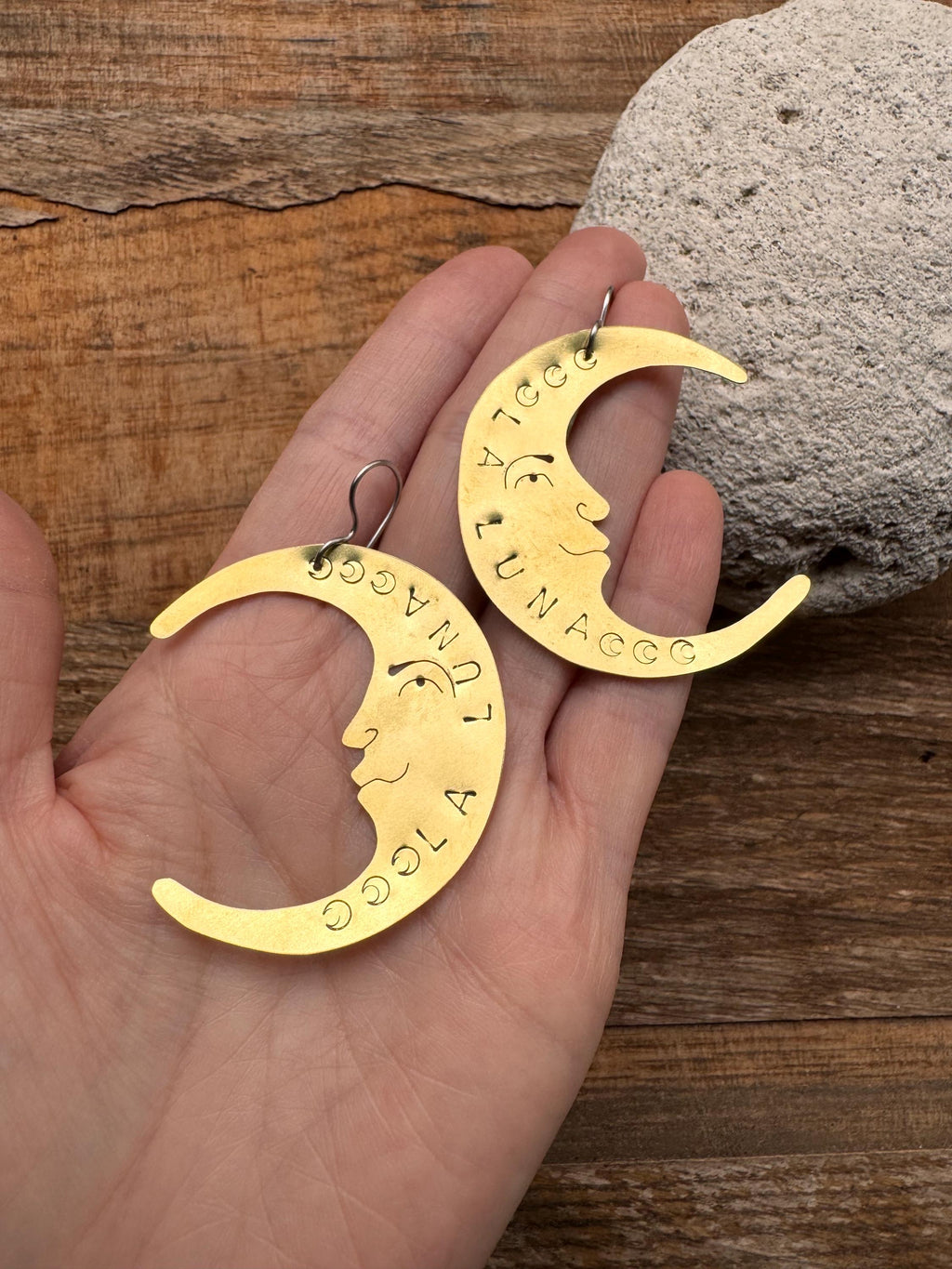 Hand Stamped La Luna Earrings: Crescent Moon Face, Stainless Steel