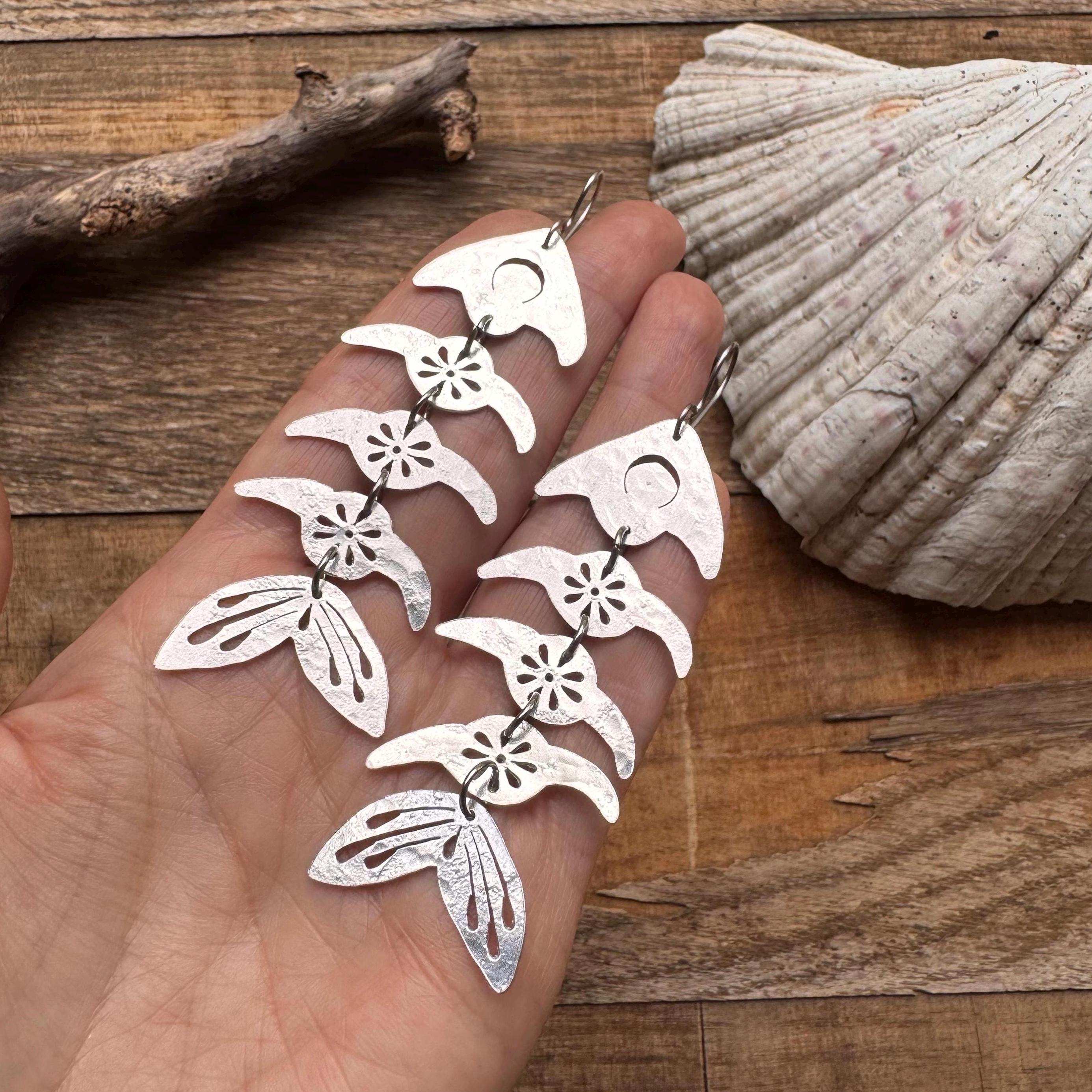 Handmade Fish Bone Earrings: Sawn Aluminum, Brass, or Copper