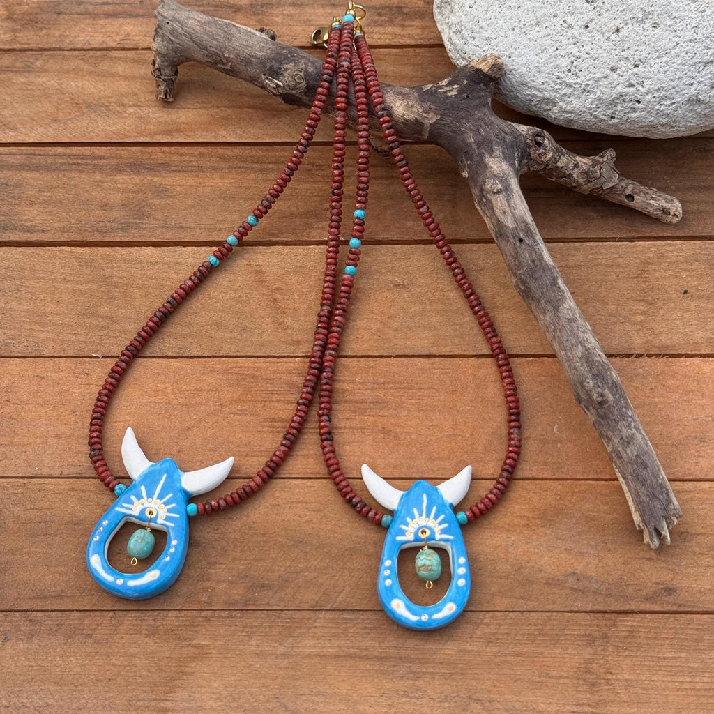 Handmade Southwestern Ceramic Horned Bead Necklace: Agate & Turquoise