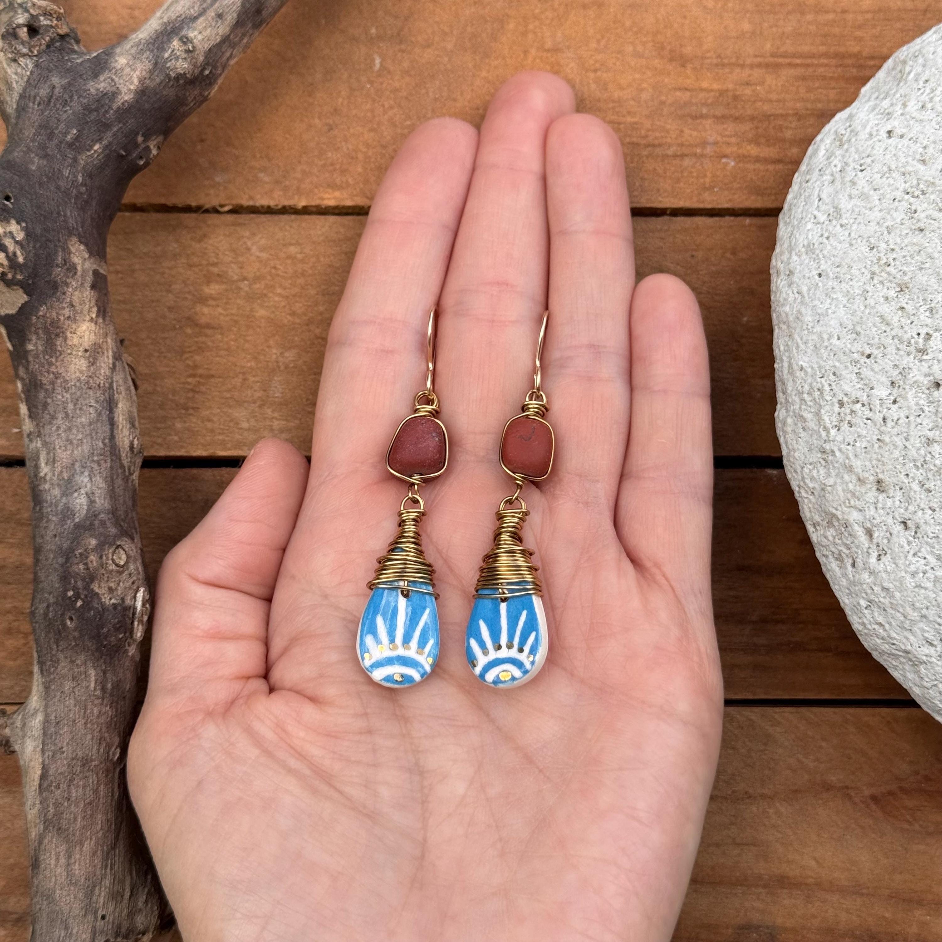 Ceramic Sol Azul and Matte Red Japer earrings, wire wrapped southwestern style earrings