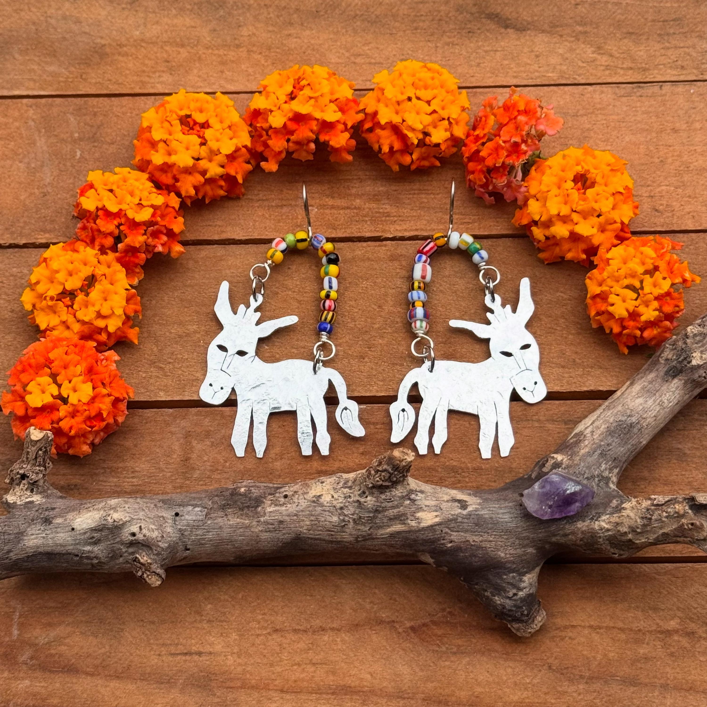 Handmade Celestial Donkey Earrings: Aluminum & Rainbow Glass Beads