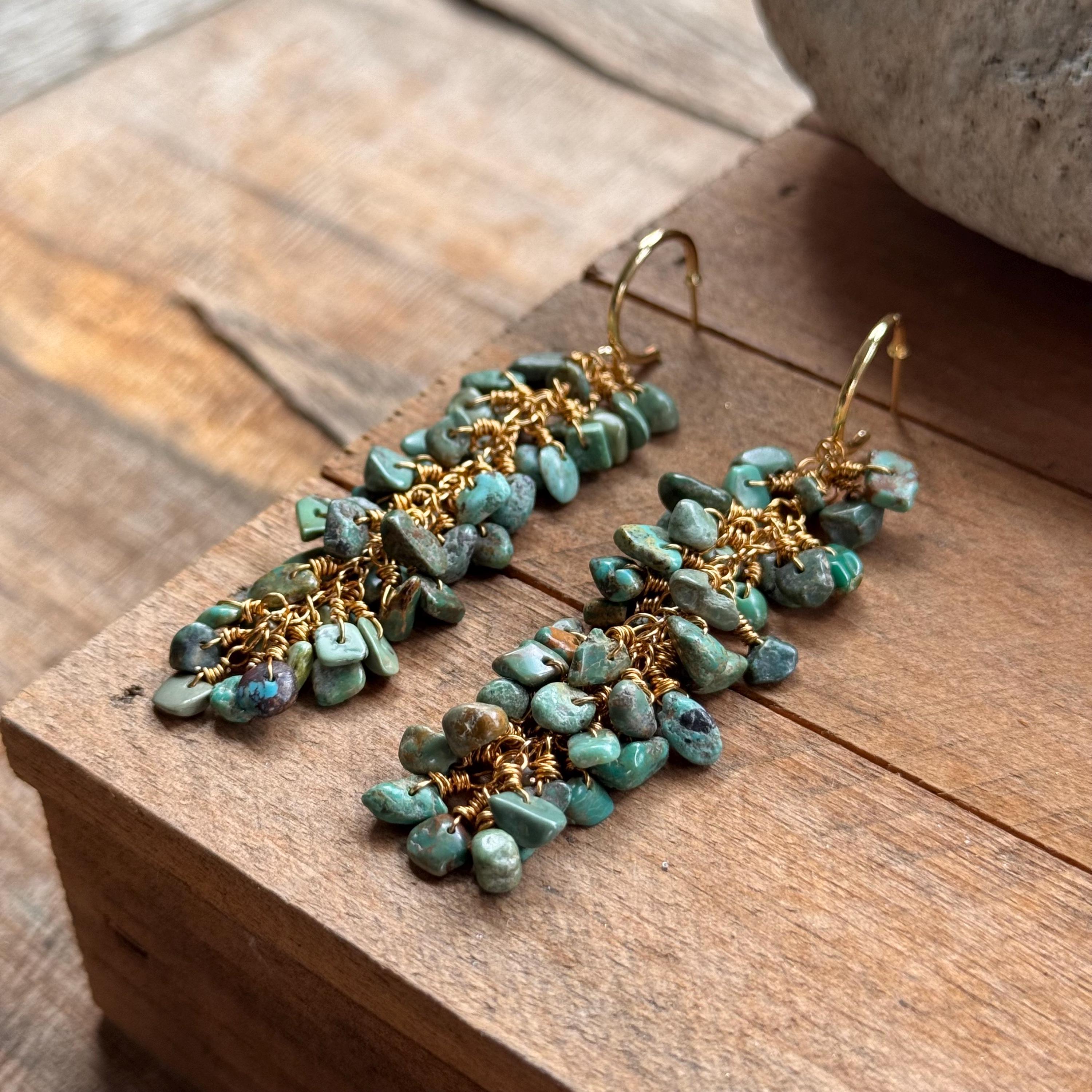 Turquoise cluster Hoop Earrings: wire wrapped, Handmade