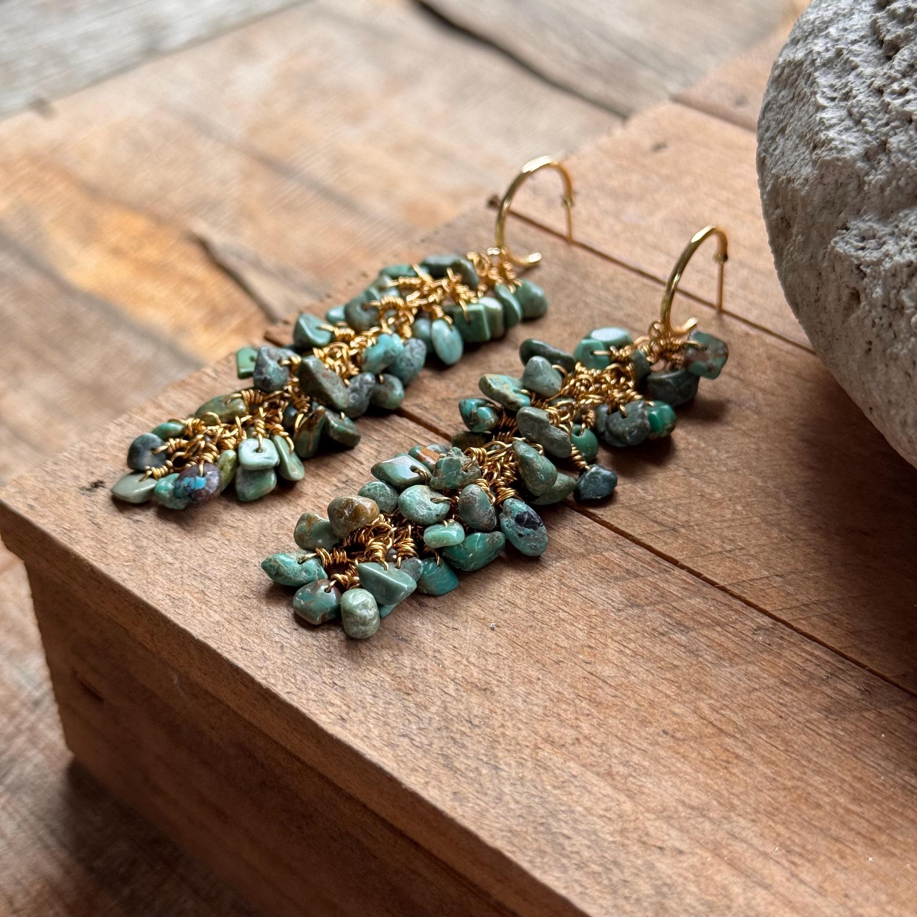 Turquoise cluster Hoop Earrings: wire wrapped, Handmade