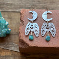 Hammered Brass Crescent Moon Rib Cage Earrings: Turquoise Ex-Voto Luna