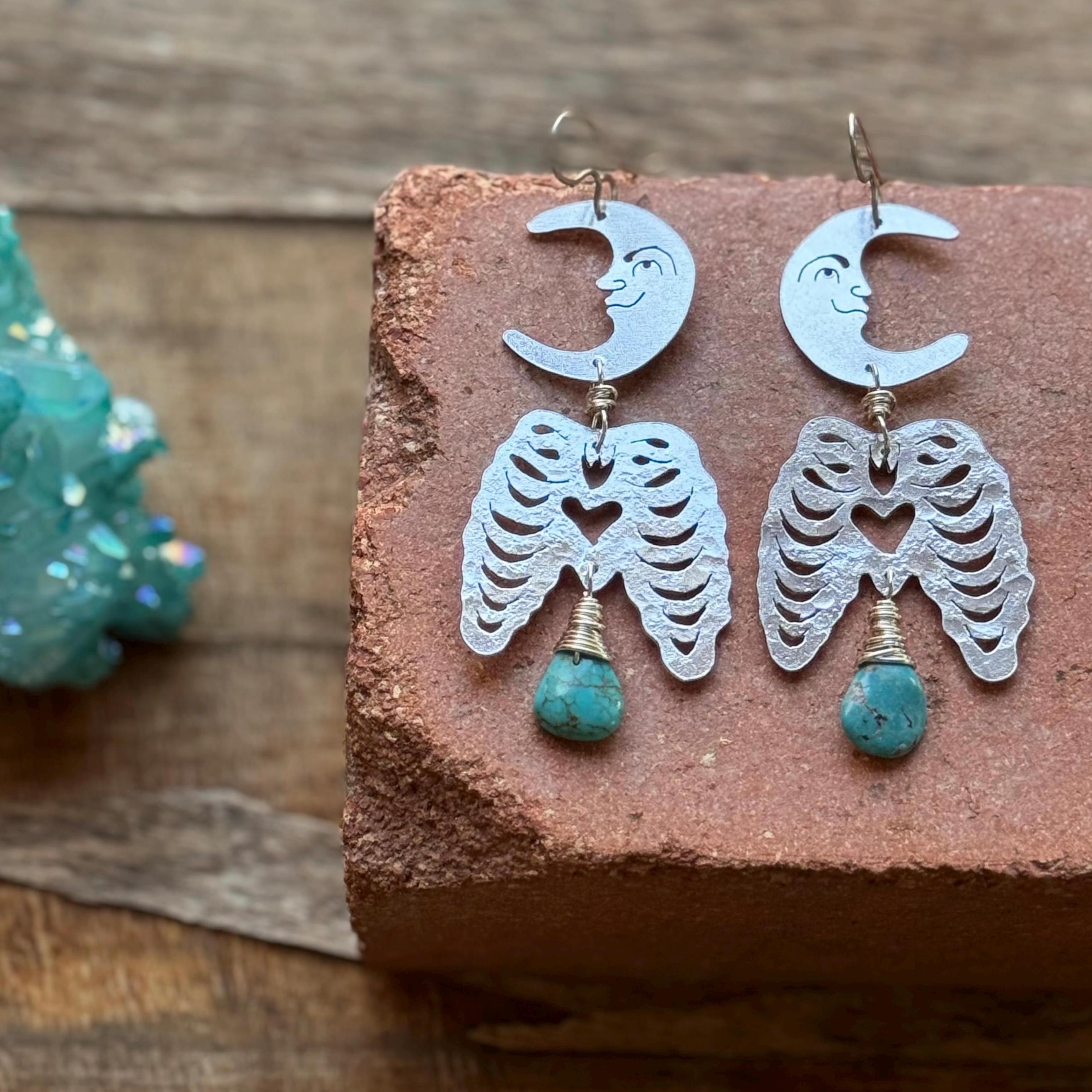 Hammered Brass Crescent Moon Rib Cage Earrings: Turquoise Ex-Voto Luna
